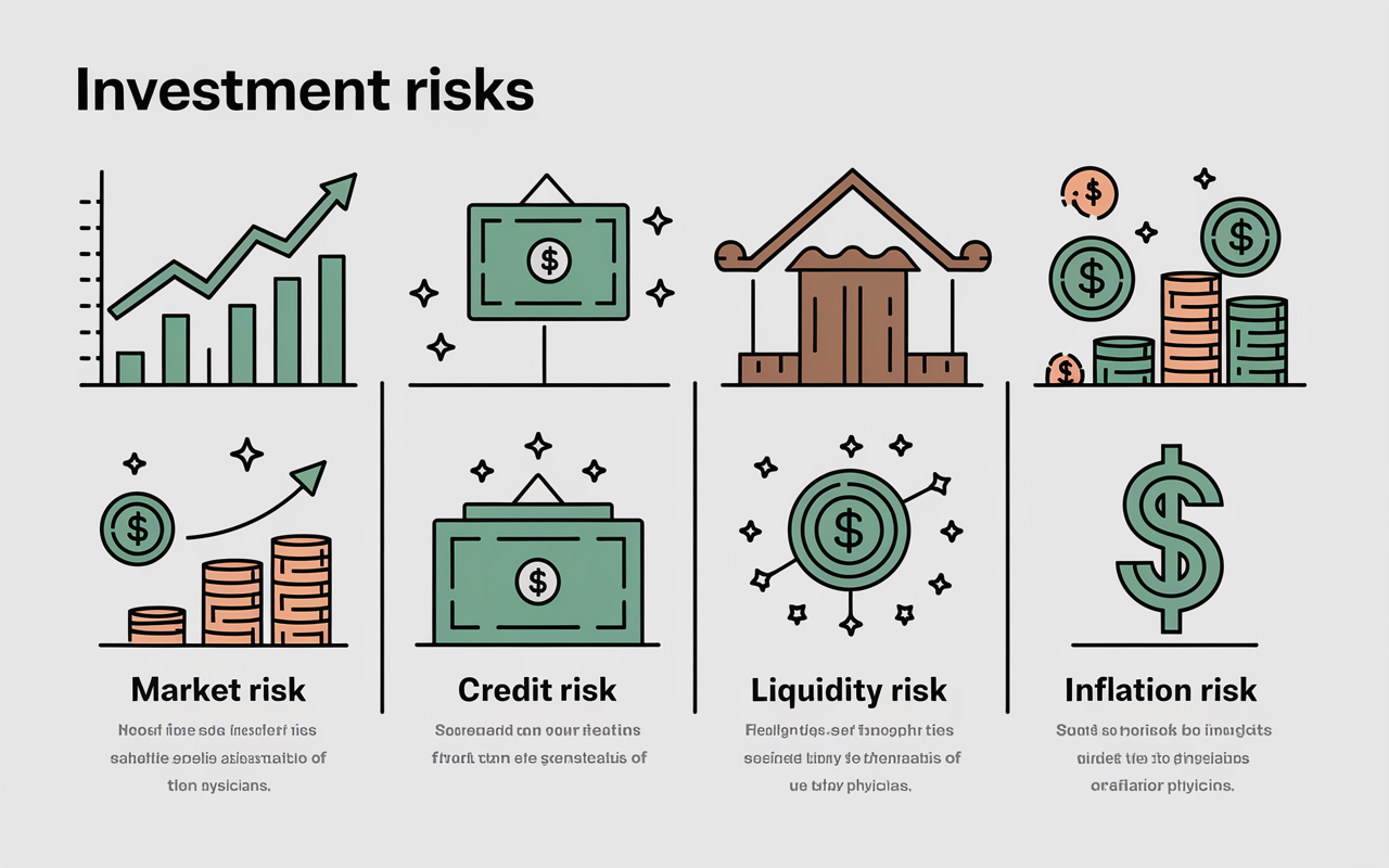 An educational infographic illustrating various investment risks labeled: Market Risk, Credit Risk, Liquidity Risk, and Inflation Risk. Each section features representative icons, such as a fluctuating stock chart for market risk and a broken dollar sign for inflation risk, set against a clean, schematized background to provide clear visuals of financial concepts for physicians.