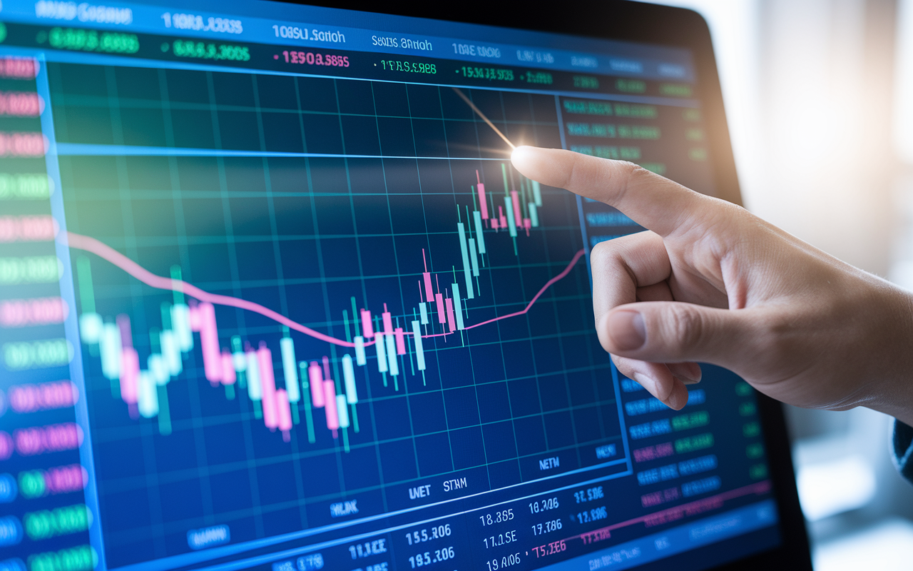 A close-up of a digital stock market platform on a computer screen, showing various stock graphs and data points with an overlay of a hand pointing at rising stock trends. The background features soft green and blue tones to evoke feelings of growth and stability, emphasizing the importance of strategic investment in equities.