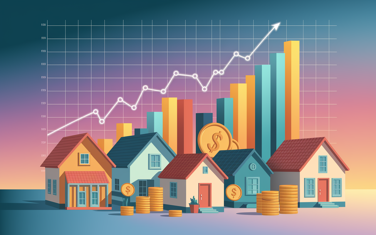 A conceptual scene depicting a diverse spread of investment options, including physical representations of stocks, bonds, and real estate. The image shows an animated chart in the background demonstrating growth, with symbols of houses, bonds, and stock certificates artistically contrasting against a calming gradient sky, representing the various avenues of financial growth.