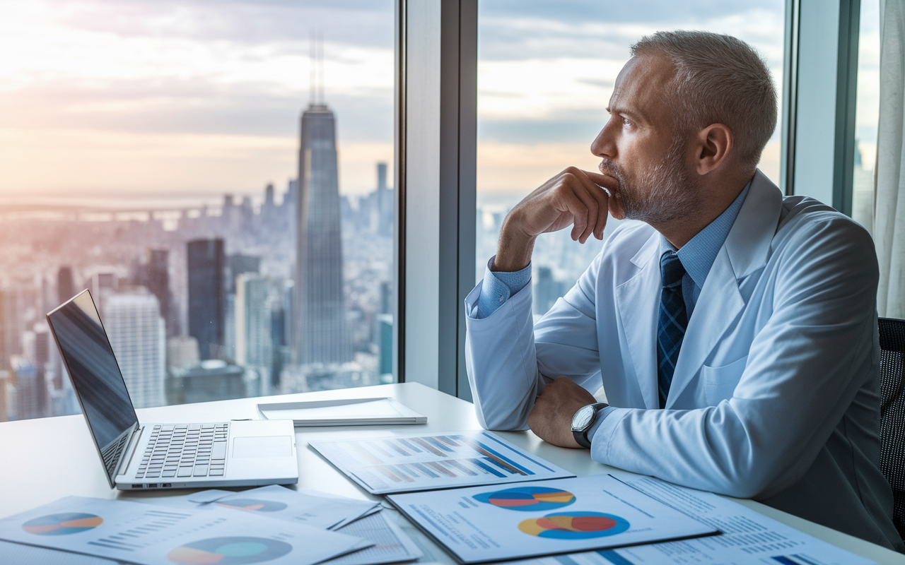 A contemplative doctor, seated at a desk cluttered with financial reports and a laptop open to market analysis, gazing thoughtfully out a window with a symbolic skyline view of financial success. The soft natural lighting creates a serene atmosphere, illustrating the importance of emotional discipline and strategic thinking in investment decisions.