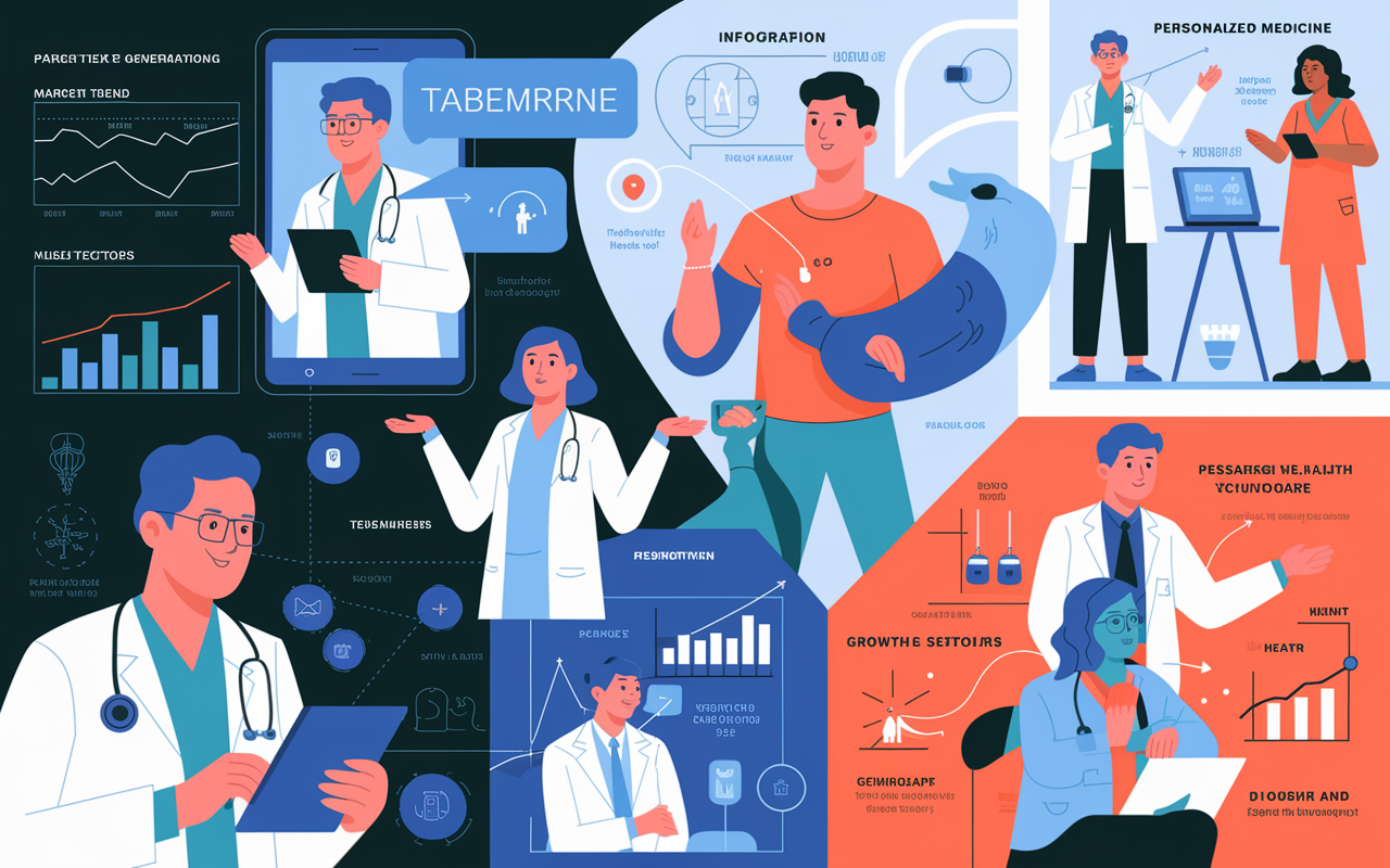 A collage of diverse healthcare innovations: a doctor using a tablet for telemedicine, a patient engaging with wearable health tech, and a team of researchers discussing personalized medicine. The scene is bright and modern, showcasing the dynamic nature of healthcare technology. Infographics representing market trends and growth sectors surround the figures, emphasizing the rapid evolution of the healthcare landscape.