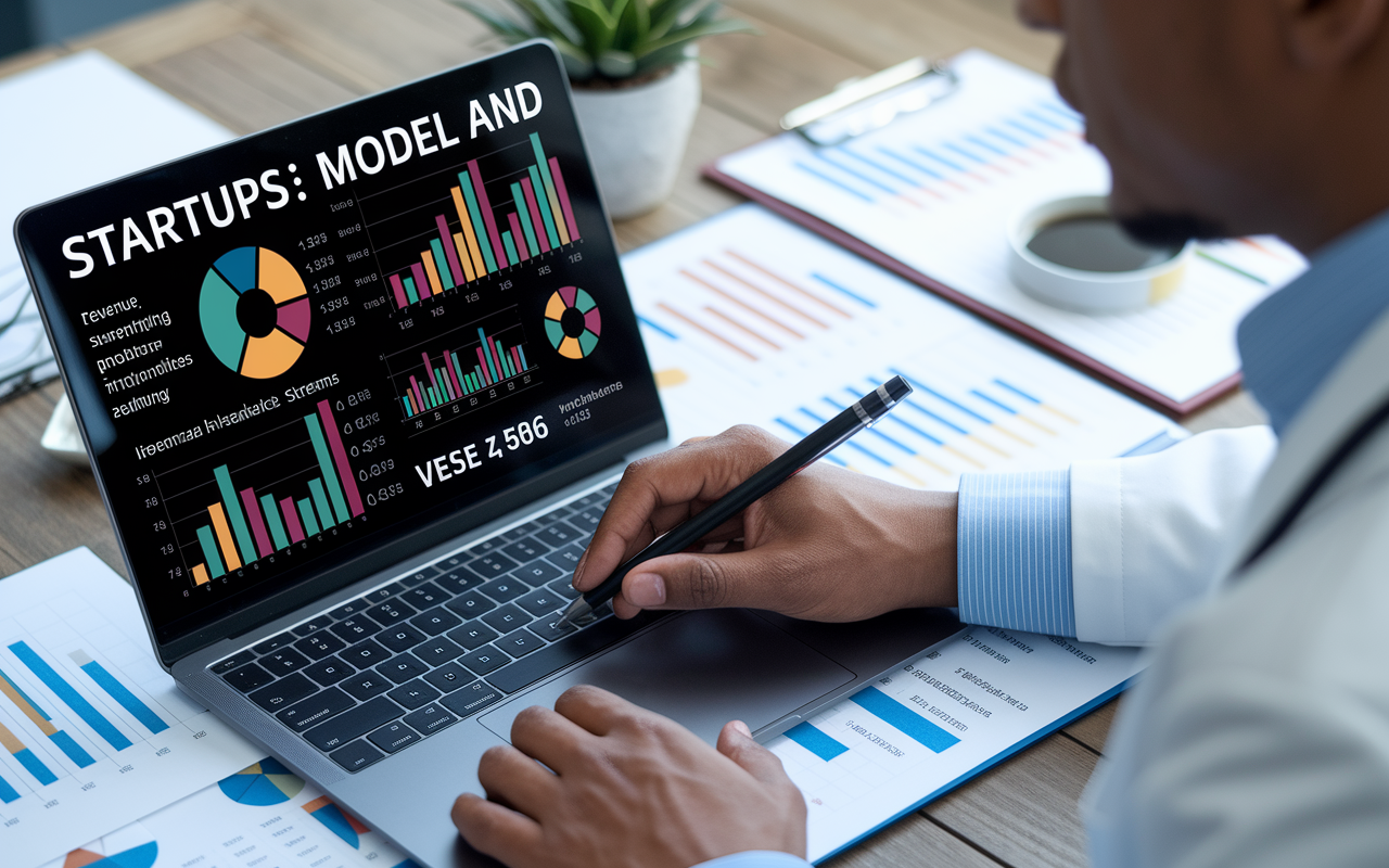 A detailed view of a physician analyzing a startup's business model and financial health on a sleek laptop. The screen displays colorful charts and statistics, illustrating revenue streams, market problems, and sustainability. The physician is deep in thought, surrounded by charts and notes that outline potential risks and opportunities in healthcare investment.