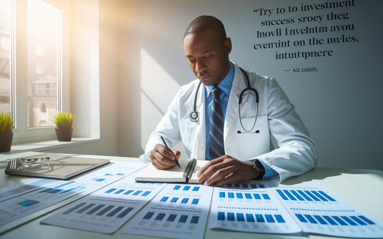 A focused physician sitting at a well-organized desk, jotting down investment goals and strategies into a notebook. Sunlight streams through a window, highlighting financial reports and articles about startup investments spread out before them. A motivational quote about investment success hangs on the wall, enhancing the dedicated atmosphere.