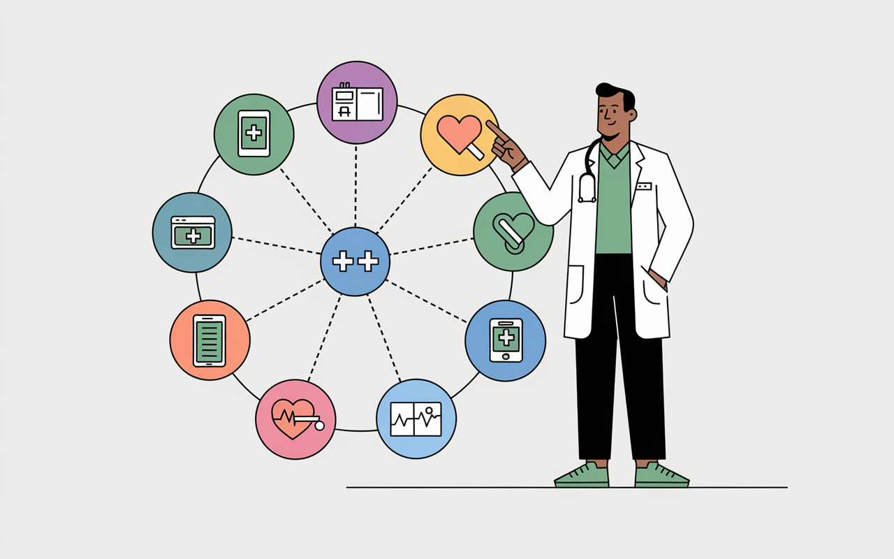 An illustrative chart depicting a diversified investment portfolio with various symbols representing different sectors like telemedicine, medical devices, and health apps. A physician stands beside the chart, pointing to segments of the portfolio with a confident smile, symbolizing informed decision-making and strategic risk management in healthcare investments.