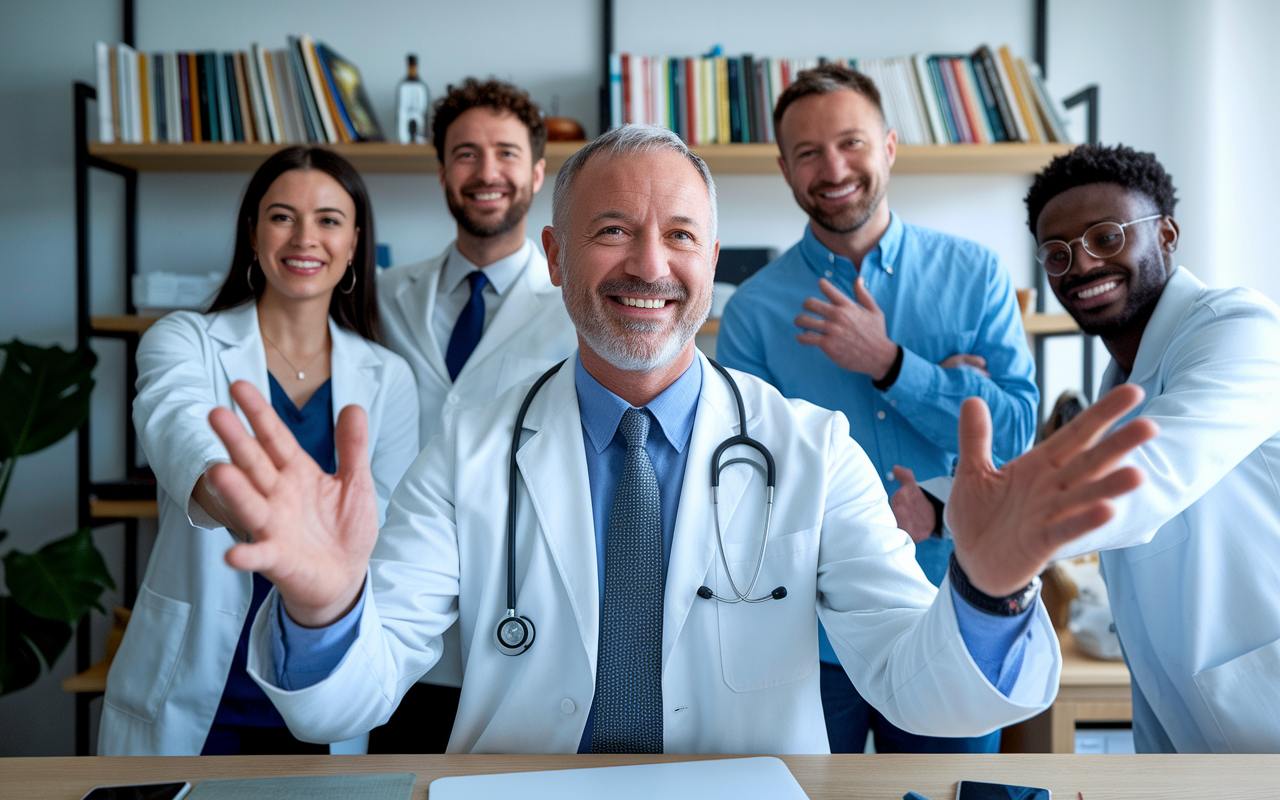 Dr. John Smith, a middle-aged physician, engaged in a video conference with startup founders who are eagerly sharing their telemedicine platform. The backdrop features a modern home office setup, with medical books and health tech devices displayed prominently. The atmosphere reflects excitement and innovation, symbolic of the burgeoning telehealth landscape.