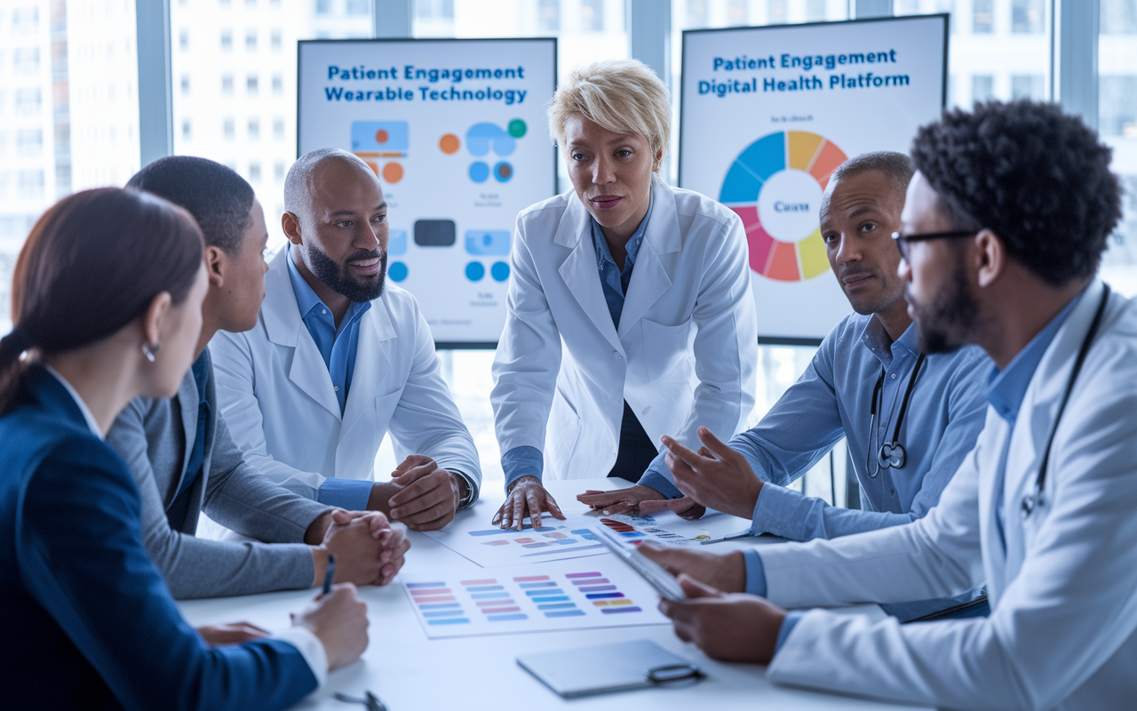 A professional scene depicting Dr. Lisa Johnson in a brainstorming session with a diverse team of innovators discussing a digital health platform. Charts showcasing patient engagement and wearable technology are visible in the background. The room is bright and collaborative, representing the fusion of medical expertise and technology in advancing patient care.