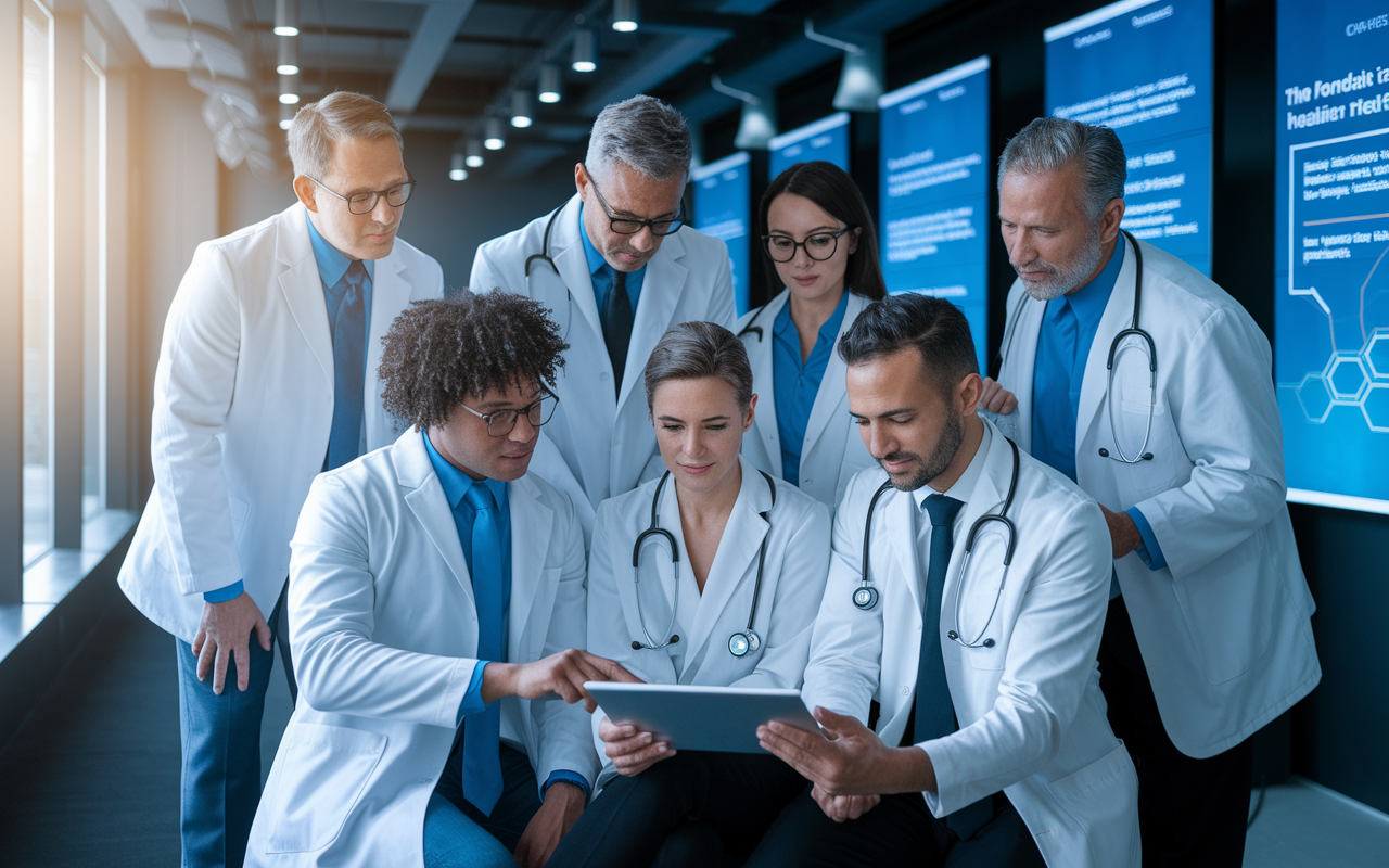 A group of confident physicians gathered around a digital tablet, reviewing a new healthcare startup proposal together. The setting is modern with sleek furniture, large windows letting in natural light, and digital screens displaying trends in healthcare innovation. The expressions reflect determination and optimism for shaping the future of healthcare through smart investments.