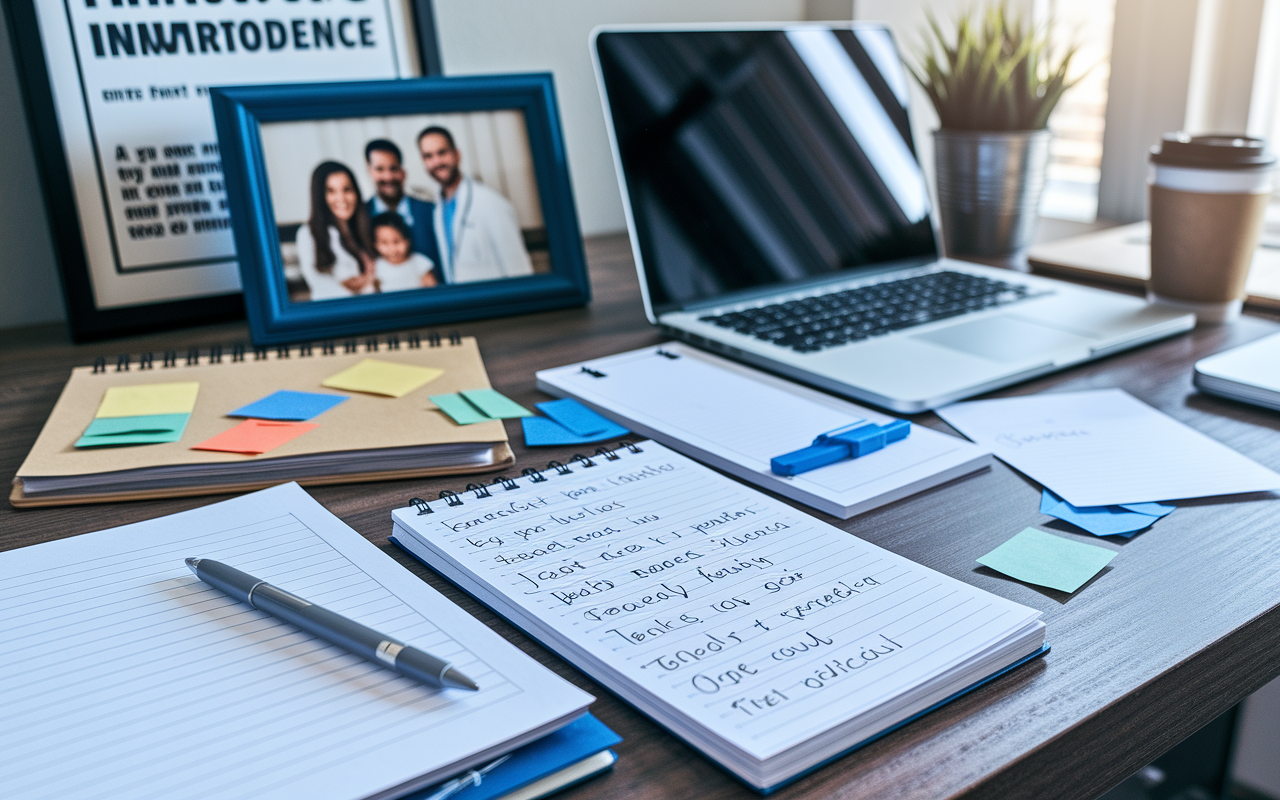 A close-up shot of a desk with financial planning materials scattered around. A notepad filled with handwritten goals of a doctor, alongside a laptop and a coffee cup. There's a framed photo of a family on the desk, signifying personal aspirations. The lighting is bright and motivational, suggesting a sense of purpose. The background shows a motivational poster about financial independence.