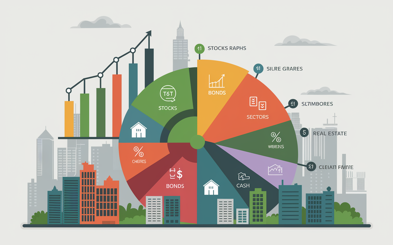 An infographic-style visual representation of a diverse investment portfolio. Show graphs and pie charts with various asset categories including stocks, bonds, real estate, and cash. Use vibrant colors to differentiate sectors, with symbols representing each category. The background should subtly imply a financial growth environment, possibly with a skyline of a flourishing cityscape.