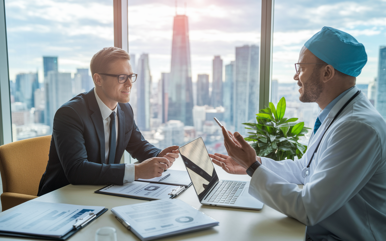 A scene in a modern office where a financial advisor is sitting across from a doctor, discussing investment plans. The atmosphere is professional yet friendly, with documents and laptops open on the table. A large window in the background shows a bustling city, symbolizing opportunity. Natural light enhances the caring aspect of financial guidance, with a plant adding a touch of warmth.