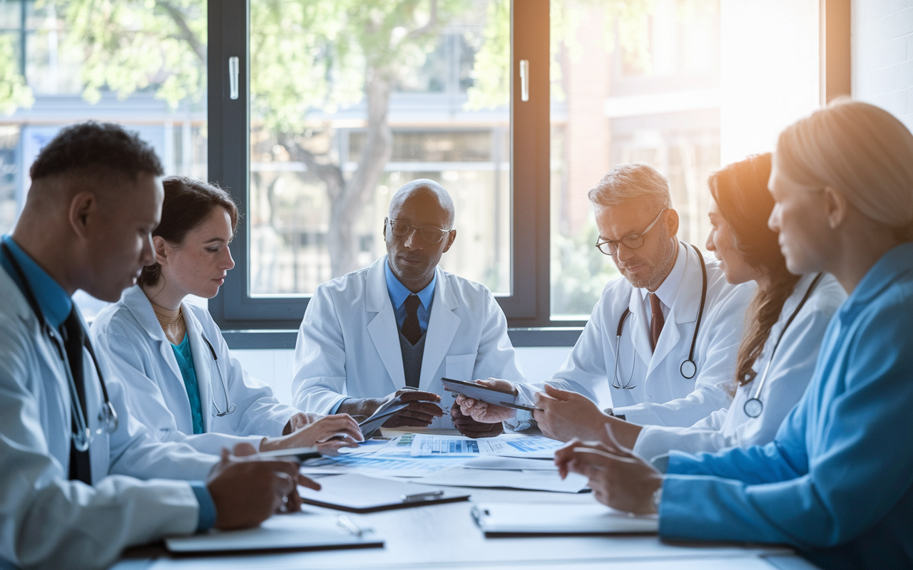 A thoughtful scene of a diverse group of doctors sitting around a conference table, engaging in a financial planning session. They are sharing ideas, looking at charts, and discussing strategies. The environment is bright and collaborative, with large windows letting in sunlight. Each doctor brings a unique perspective, depicting a sense of community and shared goals in financial education.