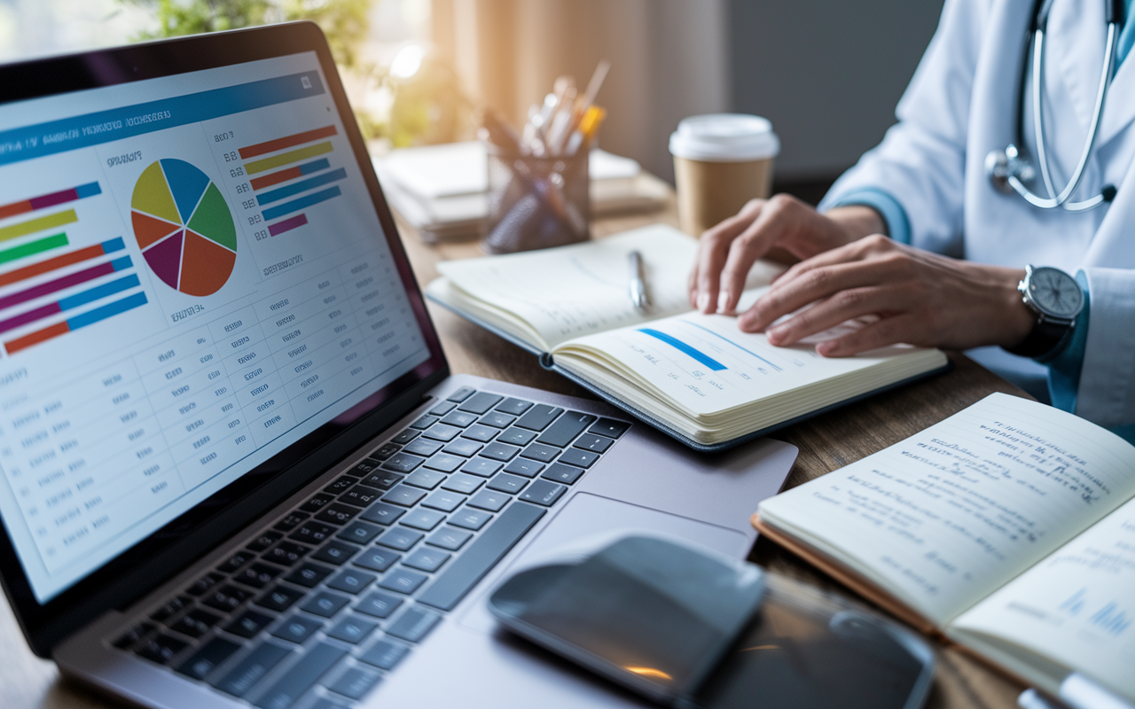 A close-up of a laptop screen with a budgeting app open, displaying colorful graphs and charts showing various expense categories. Nearby, a physician is typing on a keyboard, frowning slightly in concentration, with an open notebook filled with scribbles and calculations beside them. A cozy workspace with soft light, a coffee cup, and a plant adds warmth and relaxation to the busy environment.