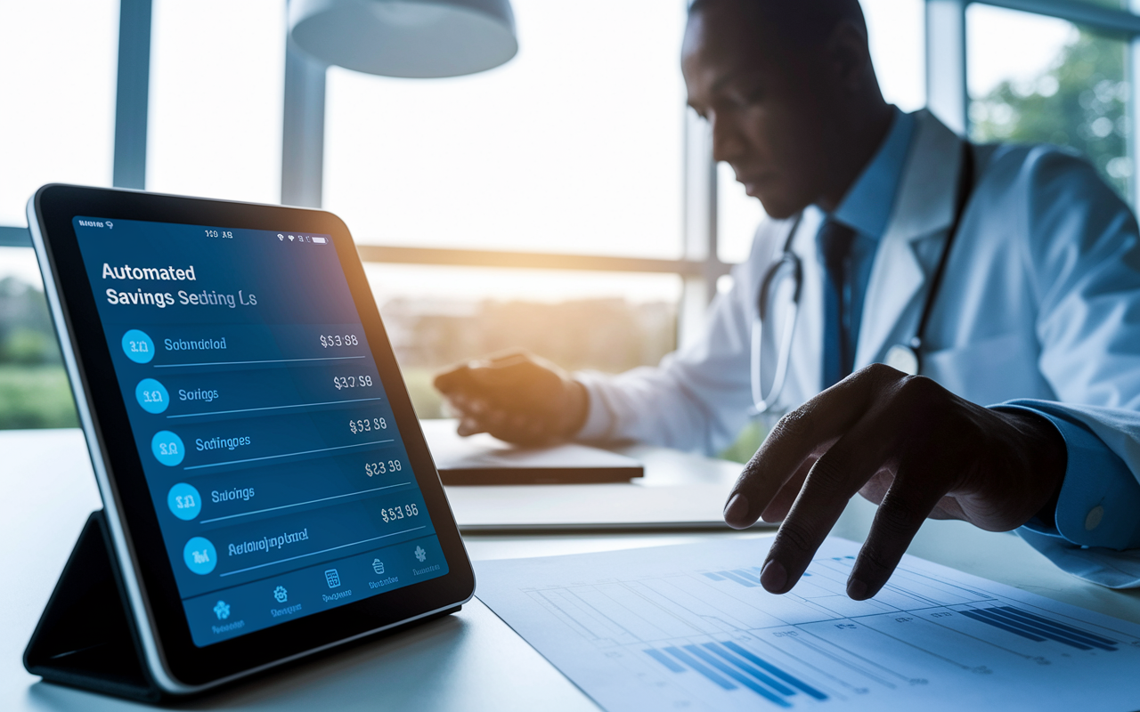 An aesthetic shot of a digital device displaying a financial app with automated savings settings on the screen. In the background, the same diligent physician is seen in silhouette, adjusting a financial plan on paper at their desk. A serene atmosphere is created with ambient light filtering through a window, reflecting a sense of control and proactivity in managing wealth.