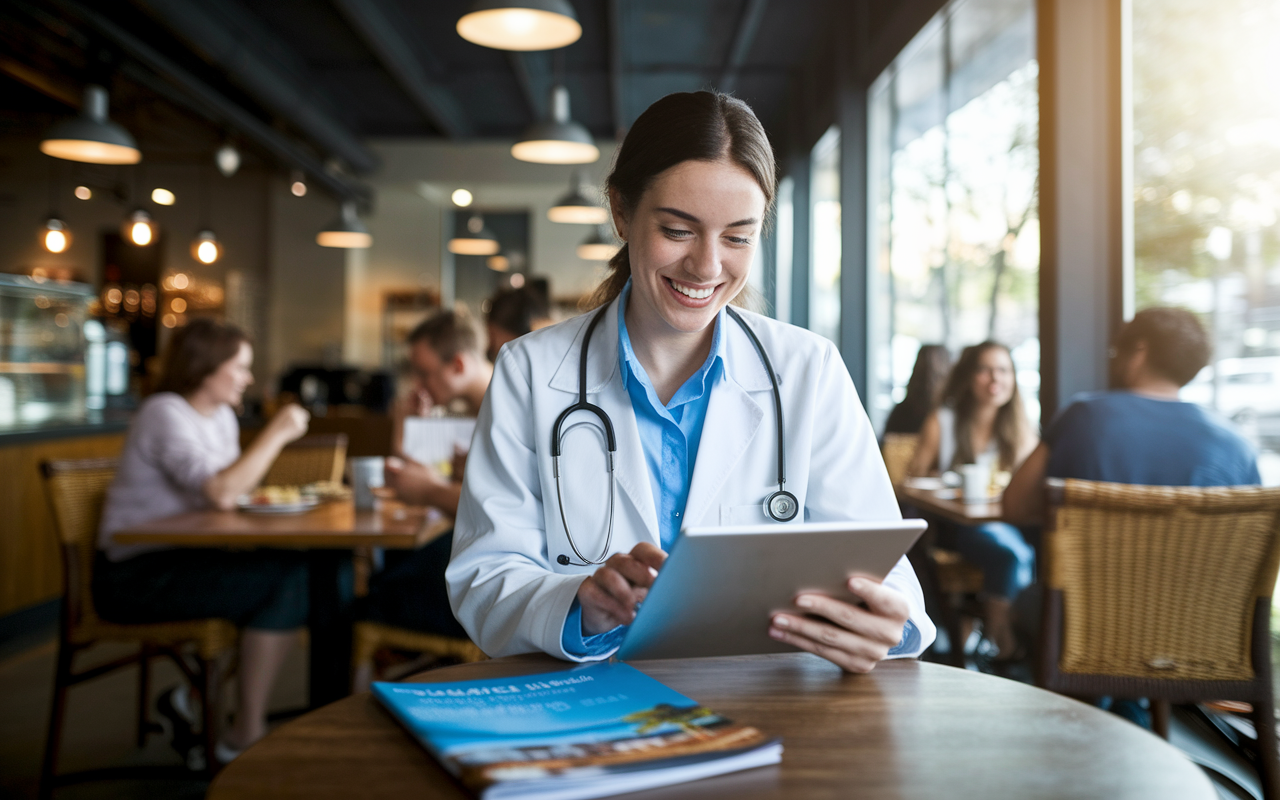 A joyful young female physician, Dr. Sarah, sitting at a café, reviewing her budget on a tablet with a satisfied expression. Around her, an inviting coffee shop atmosphere with patrons enjoying meals, bright light from the windows enhances the cheerful scene. A travel brochure for a destination she aims to visit is on the table, demonstrating her balance of enjoying life while managing her finances wisely.