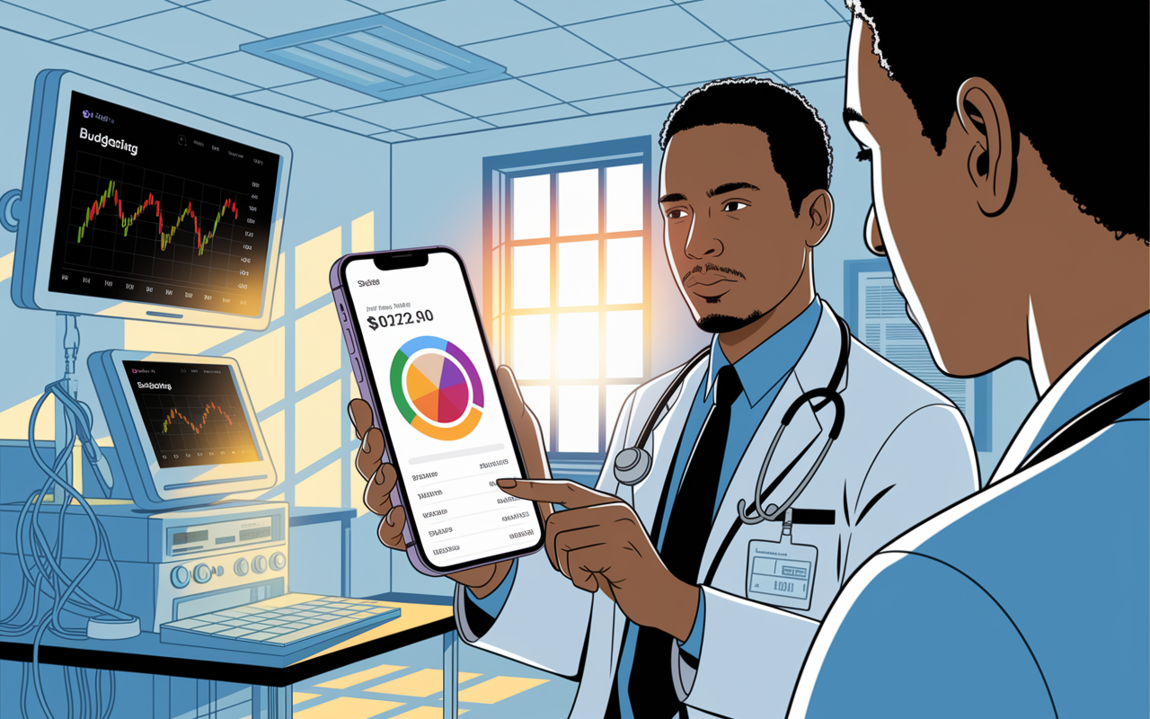 An illustrative depiction of a doctor using a budgeting app on a smartphone, surrounded by medical equipment in a bright hospital room. The smartphone screen clearly displays a colorful budgeting graph and spending analysis. Emphasizing the blend of technology and healthcare, the scene captures the essence of time management in finance amidst a busy work environment, with sunlight streaming in through a window, focusing on the doctor's facial expression of concentration and intent.