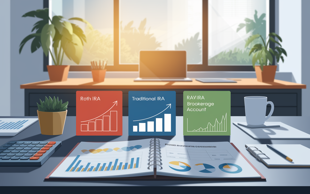 A visually engaging representation of various investment accounts, displayed as colorful icons or physical documents arranged on a sleek table. Incorporating elements like a Roth IRA, Traditional IRA, and brokerage account illustrations, combined with graphs depicting growth potential. The background shows a serene financial planning office setting, infused with soft natural light that symbolizes positivity toward financial growth and security.