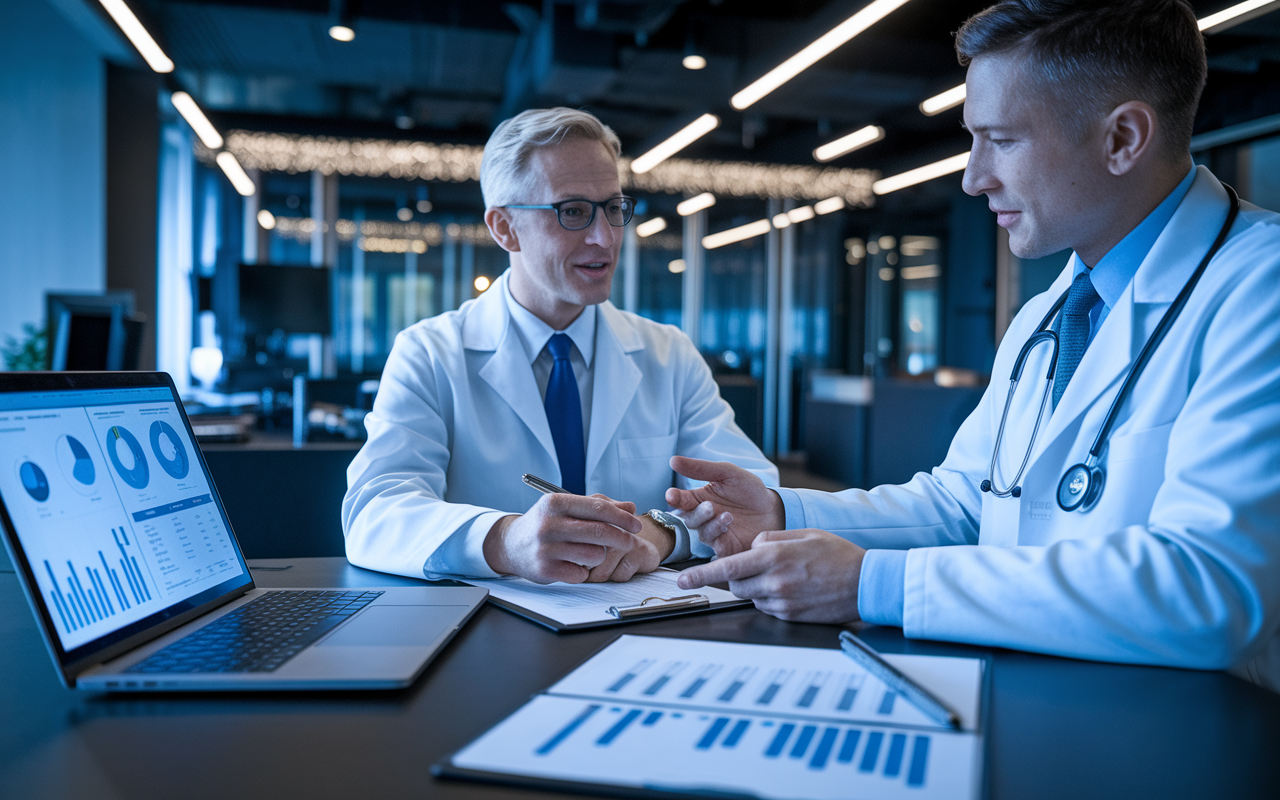 A professional meeting scene where a doctor discusses financial matters with a financial advisor in a modern office. The advisor, with a laptop open displaying graphs and reports, looks engaged as they assist the doctor. The atmosphere is filled with confidence and collaboration, highlighted by ambient lighting and detailed decor that reflects successful financial planning tailored for medical professionals.