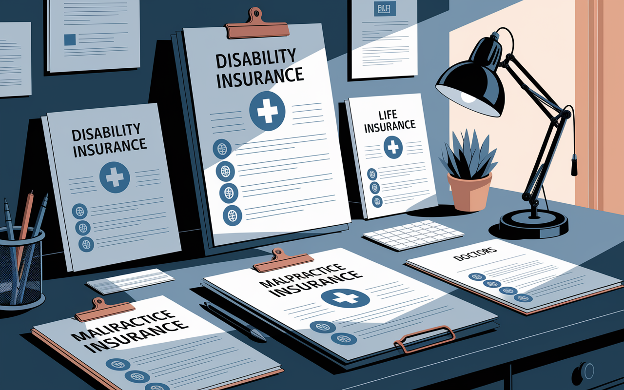 An informative illustration showing various insurance policies essential for doctors. Visual elements include documents for disability insurance, malpractice insurance, and life insurance, placed prominently on a sleek desk. The setting suggests a workspace that integrates medical and financial careers, softly lit to evoke a sense of security and preparedness for uncertain circumstances in a doctor's life.