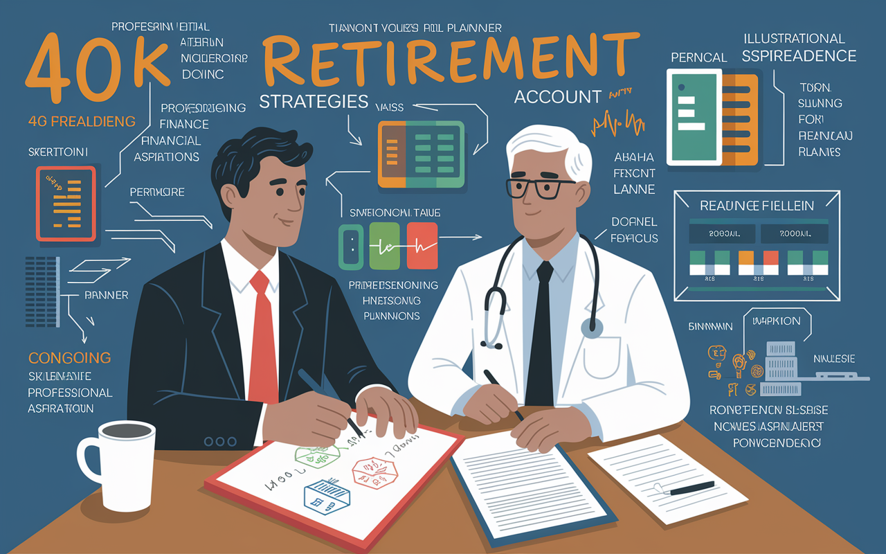 A vibrant visual of a financial planner sketching out retirement account strategies for a doctor. Utilizing colorful infographics representing 401(k) and 403(b) plans, this setting not only showcases the importance of retirement planning in a modern office but also reflects the mixture of professional and personal aspirations in achieving financial independence.