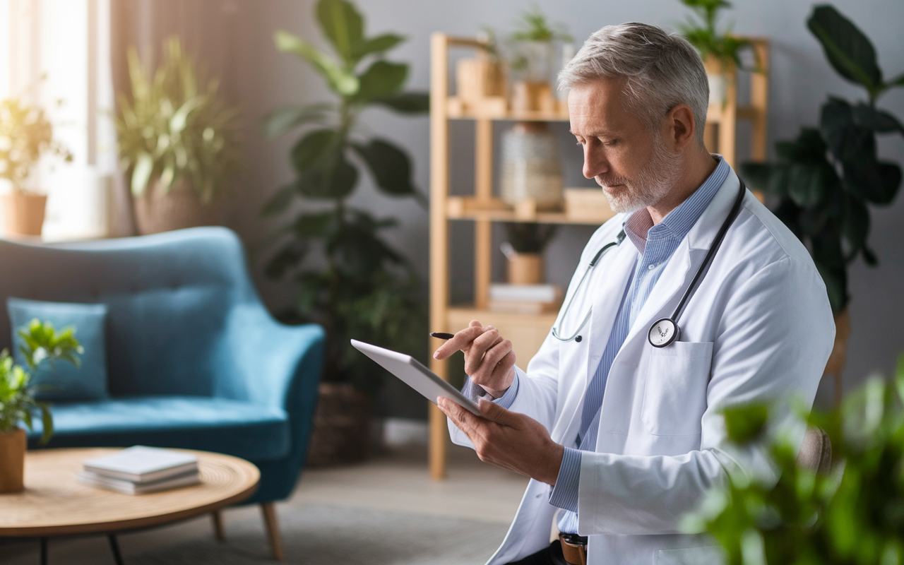 A captivating scene featuring a doctor evaluating potential real estate investment properties looking at real estate listings on a tablet. The environment exhibits a warm, inviting atmosphere with plants and comfortable furniture, symbolizing both home and investment. The focus is on understanding markets, return on investment, and the balance between professional and personal growth.