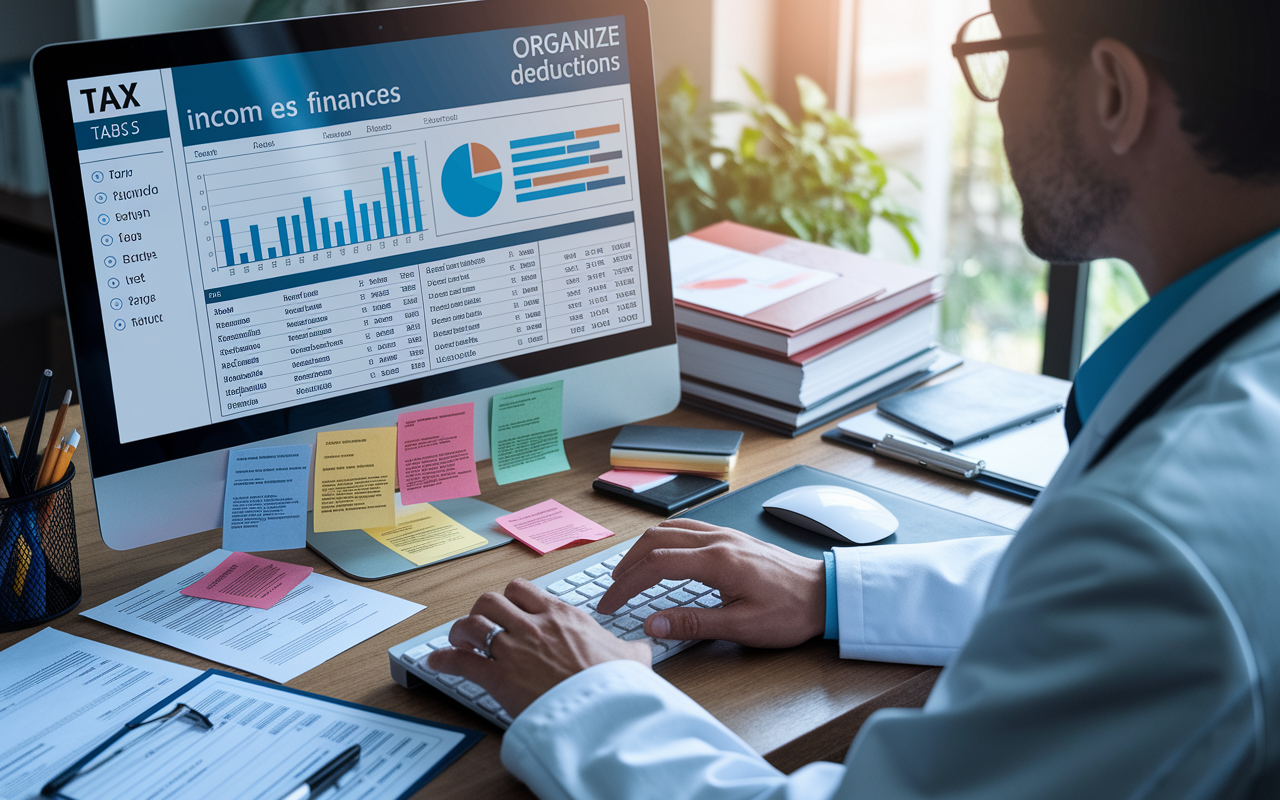 A detailed representation of a doctor confidently using tax preparation software on a computer to organize finances. The screen displays graphs and organized tabs for income and deductions. Surrounding elements include tax-related documents scattered about the desk, representing a busy yet organized tax season. Soft, focused lighting creates an atmosphere of productivity and financial responsibility.