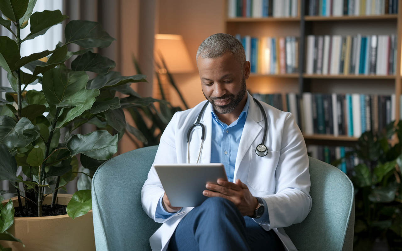 An insightful image of a doctor dedicating time to read financial news on a tablet, seated in a cozy reading corner adorned with books and a lush plant. The surround environment consists of soft lighting and a calming decor, reflecting a balance between medical profession and ongoing financial education. The focus is on personal growth through knowledge acquisition.