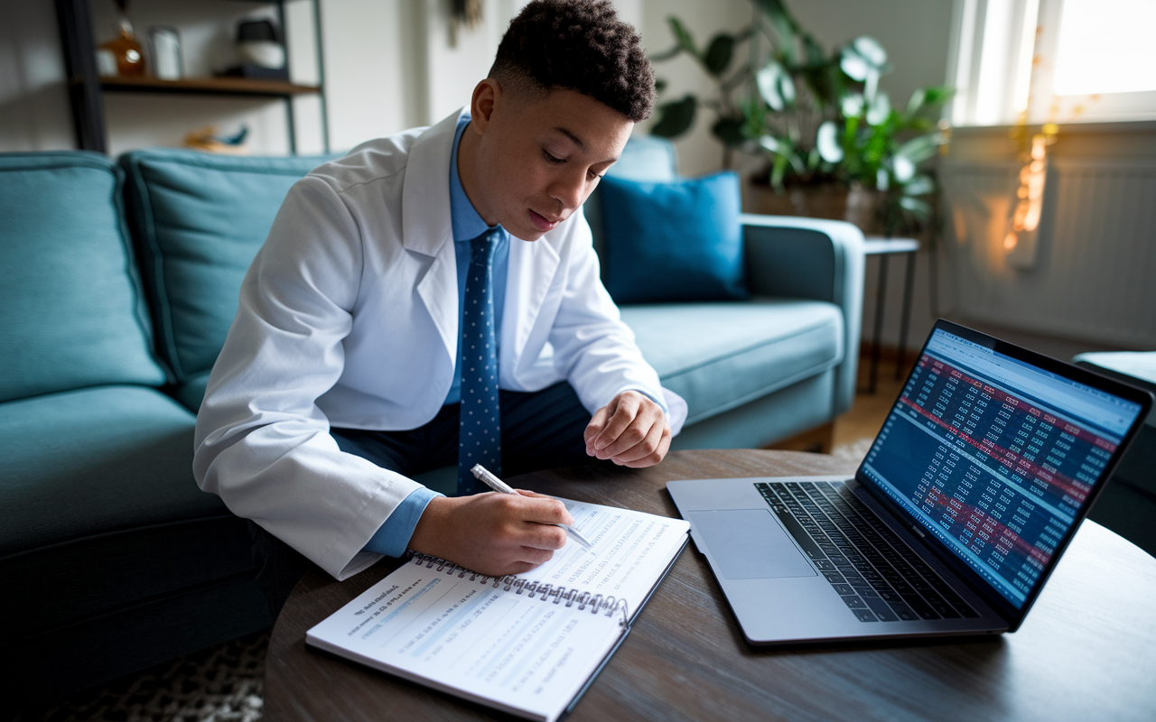 A young doctor sitting on a comfortable couch in a cozy living room, writing down investment goals in a planner, with a laptop open beside them displaying a stock market overview. Soft evening light enhances the tranquil yet productive atmosphere, symbolizing the proactive steps towards their financial future. Emphasis on the planner filled with notes and timelines showcases diligence and foresight.