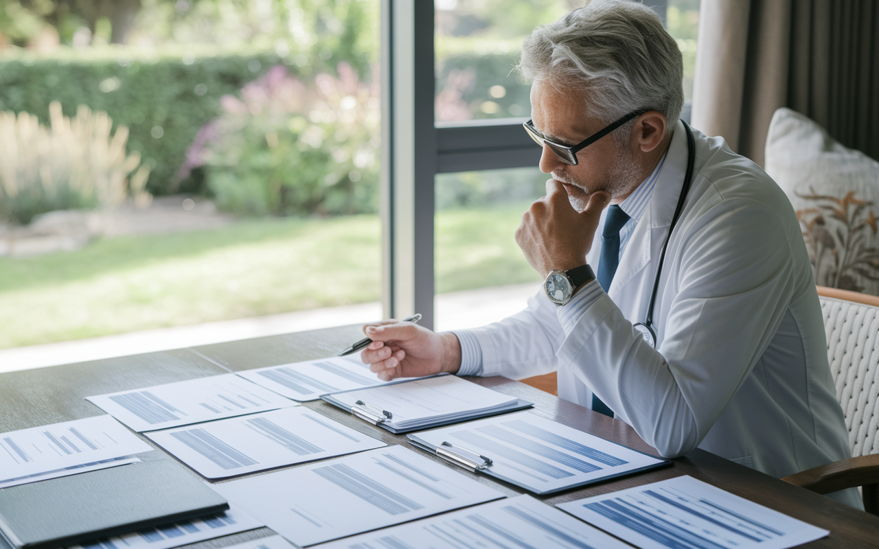 A thoughtful doctor engaging with a retirement plan document on a dining table filled with papers, showing an organized layout of various retirement accounts. A background revealed through a window showcases an outdoor view of a peaceful garden, symbolizing future relaxation. The scene hints at contemplation and preparation for a secure retirement.