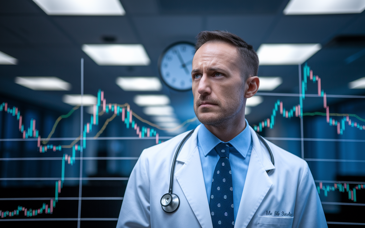 A pensive doctor standing in front of a whiteboard filled with fluctuating stock market graphs, reflecting on emotional investment decisions. The office is illuminated with bright lights, and a clock shows the late hour, emphasizing the ongoing struggle between emotion and strategic planning. The focus on the doctor’s facial expression captures the tension of decision-making under pressure.