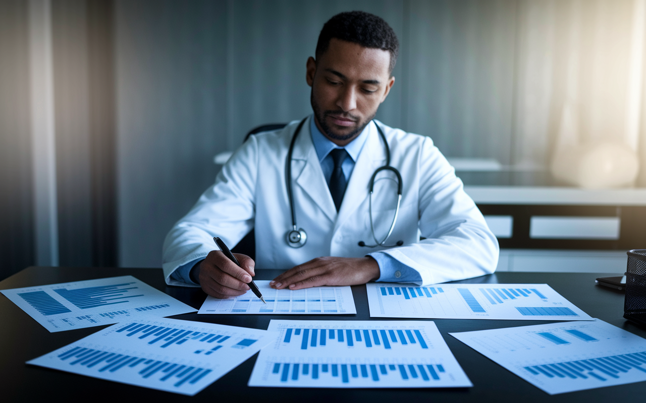 A determined doctor at a sleek desk, surrounded by charts and a detailed financial plan spread out thoughtfully across the table. The environment evokes a sense of professionalism and preparedness, with soft lighting highlighting the urgency to secure a financial roadmap for the future. The doctor appears contemplative, focusing intently on drafting a clear financial strategy.