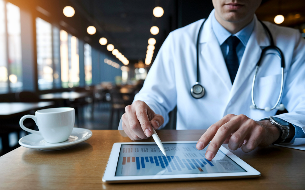 A cautious doctor looking at news articles and charts on a digital tablet, seated in a modern coffee shop. The scene conveys mindfulness and due diligence regarding investment opportunities, with a contemplative ambiance created by warm coffee shop lighting. The focus is on the doctor’s posture, highlighting the importance of informed decision-making over impulsive actions influenced by trends.