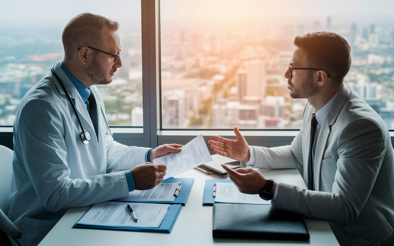 A doctor engaged in a serious conversation with a financial advisor in a professional office setting, analyzing documents related to taxes and investments. A window reveals an urban landscape, symbolizing the broader economic environment. The scene emits a sense of collaboration and strategic planning, with warm lighting creating an inviting yet focused atmosphere.