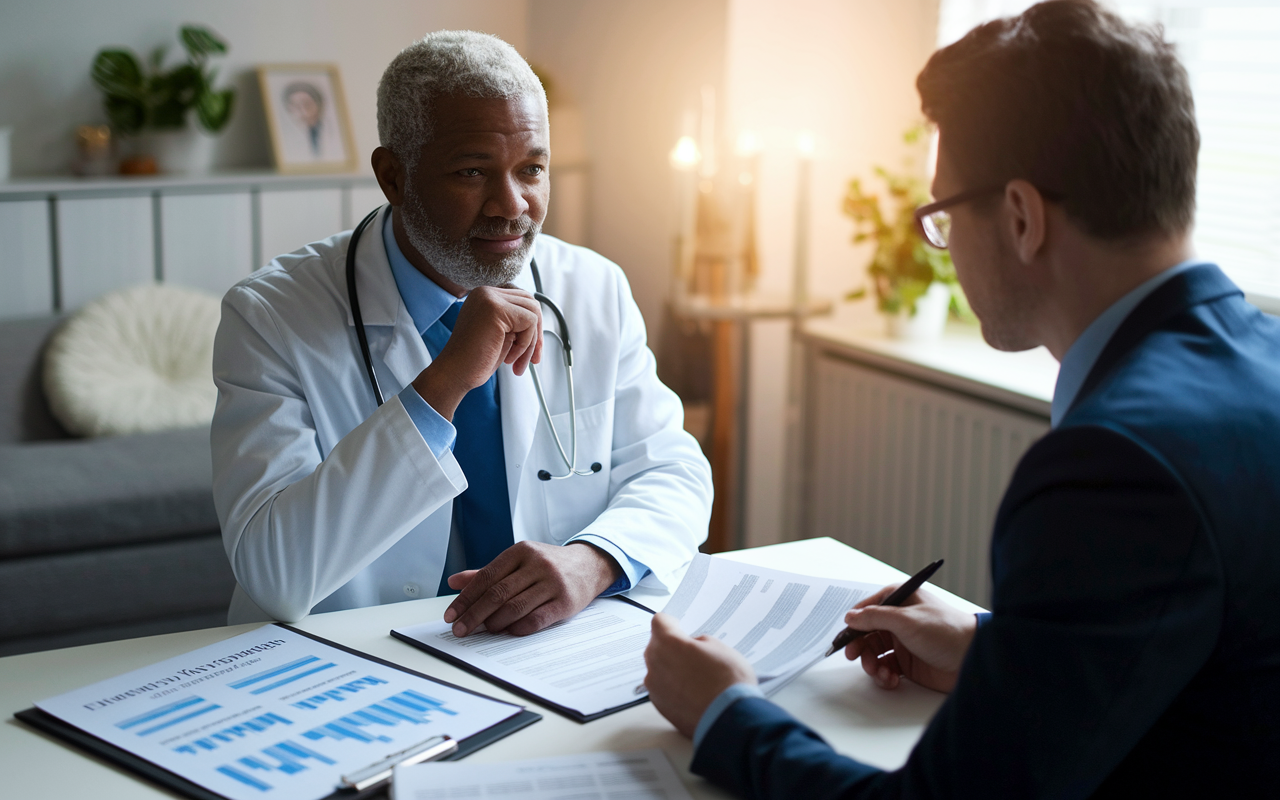 A doctor sitting thoughtfully in a consultation room with a financial advisor, absorbing advice on investment strategies. The atmosphere is warm and professional, with documents about financial planning spread out on the table. Soft light accentuates the hopefulness of securing a sound future.