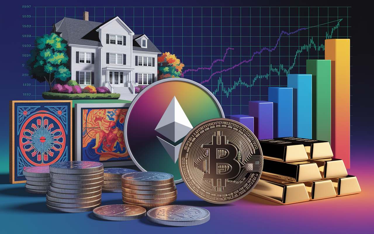 A richly detailed collage representing various forms of alternative investments, including a luxurious residential property, a collection of antique coins, vibrant artworks, a sleek cryptocurrency logo, and physical commodities like gold bars. The background includes financial graphs and a bar chart to symbolize growth and diversification. Soft lighting enhances the richness of colors.