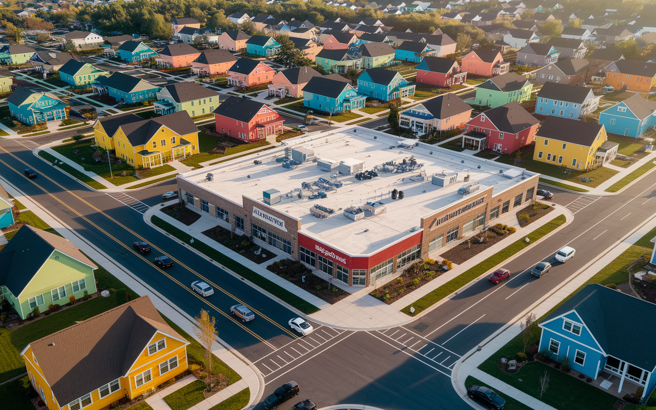 An aerial view of a bustling suburban neighborhood showcasing a mix of single-family homes and commercial properties. Brightly colored homes with well-kept lawns are contrasted by a commercial plaza with various shops, all bathed in warm afternoon sunlight. The steady flow of cars on the streets emphasizes the vibrancy and potential of real estate investment.