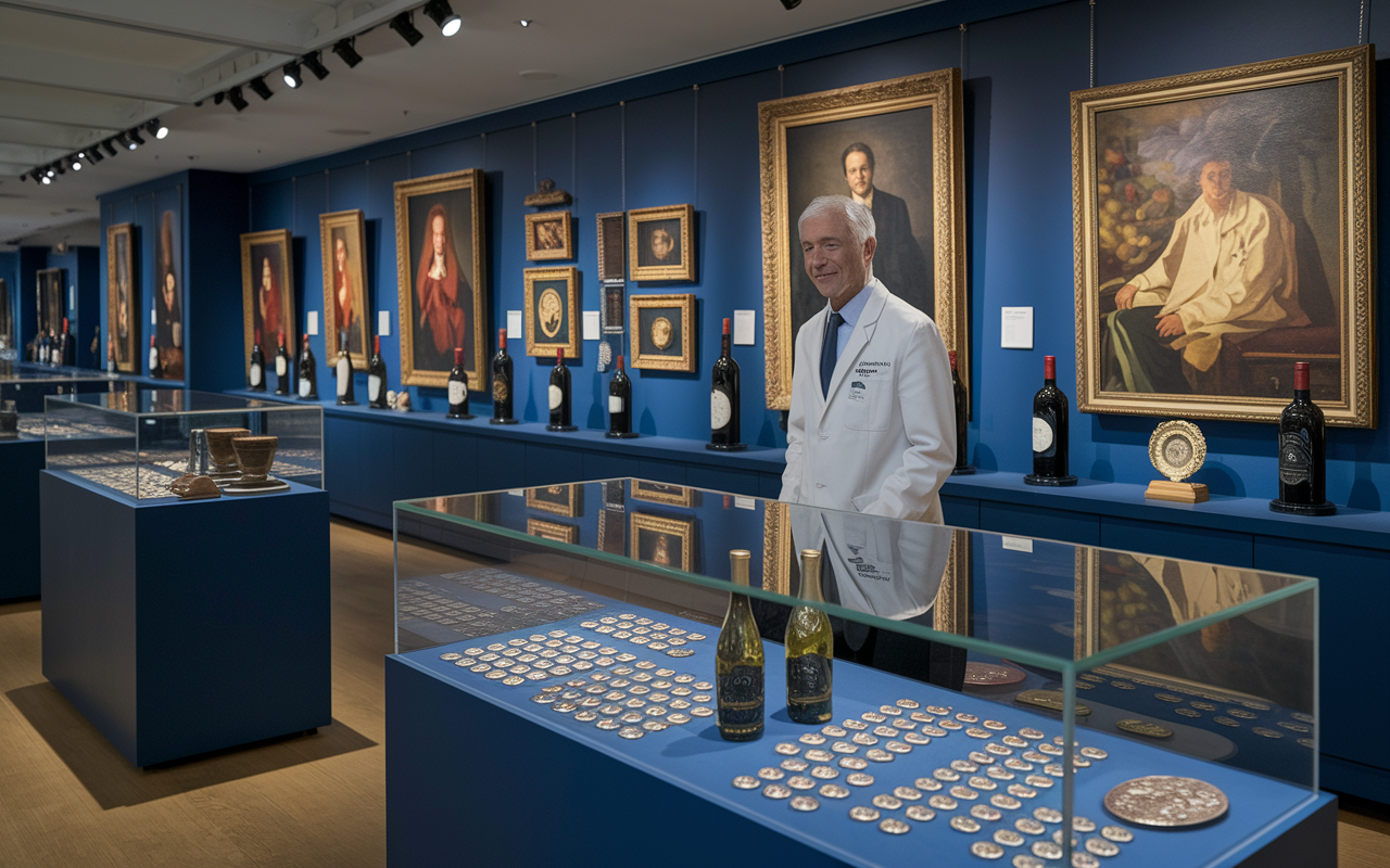 A well-lit, elegant gallery displaying an eclectic collection of art pieces and rare collectibles like vintage wines and coins. A physician admires a striking painting, while display cases feature glimmering coins and exquisite bottles of wine. The atmosphere feels sophisticated and artistic, inviting appreciation and knowledge of the collectible investments.