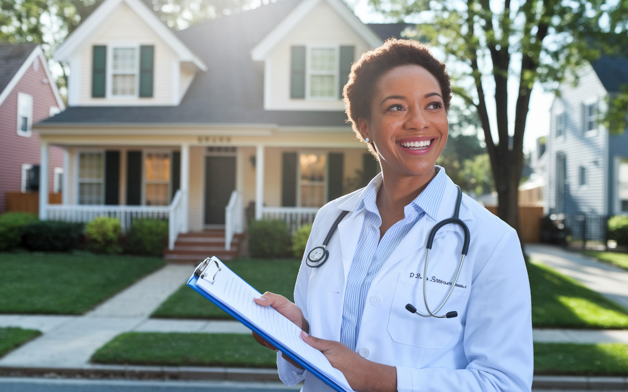 A confident physician, Dr. Sarah, overlooking a charming rental property. She holds a clipboard with financial documents, her face exuding pride and accomplishment. The surrounding neighborhood is vibrant and well-kept, symbolizing the success of her investment. Sunlight filters through the trees, illuminating her journey in real estate.