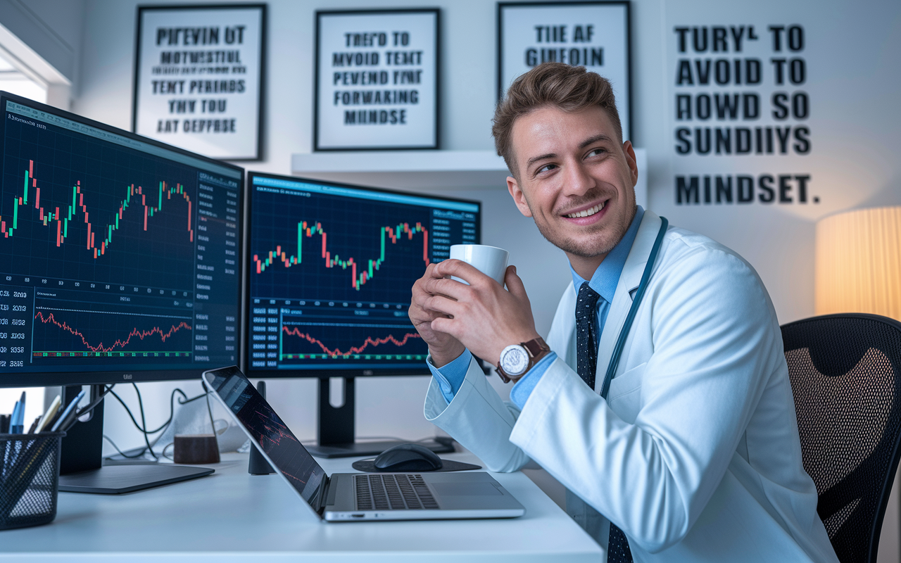 A young physician, Dr. Tom, sitting at a modern workstation with multiple screens displaying cryptocurrency charts and market trends. He looks pleased and thoughtful, analyzing his impressive gains with a cup of coffee in hand. The room is filled with motivational quotes, reflecting a successful and forward-thinking mindset.