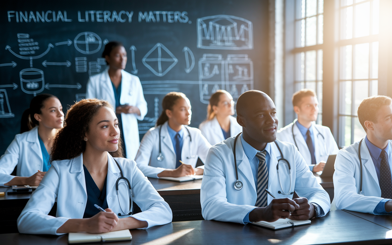 A diverse group of doctors attentively listening in a formal classroom setting, where a financial educator is presenting a lecture on financial literacy. The setting includes a chalkboard filled with financial diagrams and the words 'Financial Literacy Matters.' Natural sunlight floods through large windows, creating a warm and inviting atmosphere. Doctors of varying ages and backgrounds display engaged expressions, with notepads and laptops open, ready to learn about budgeting, investing, and retirement planning.