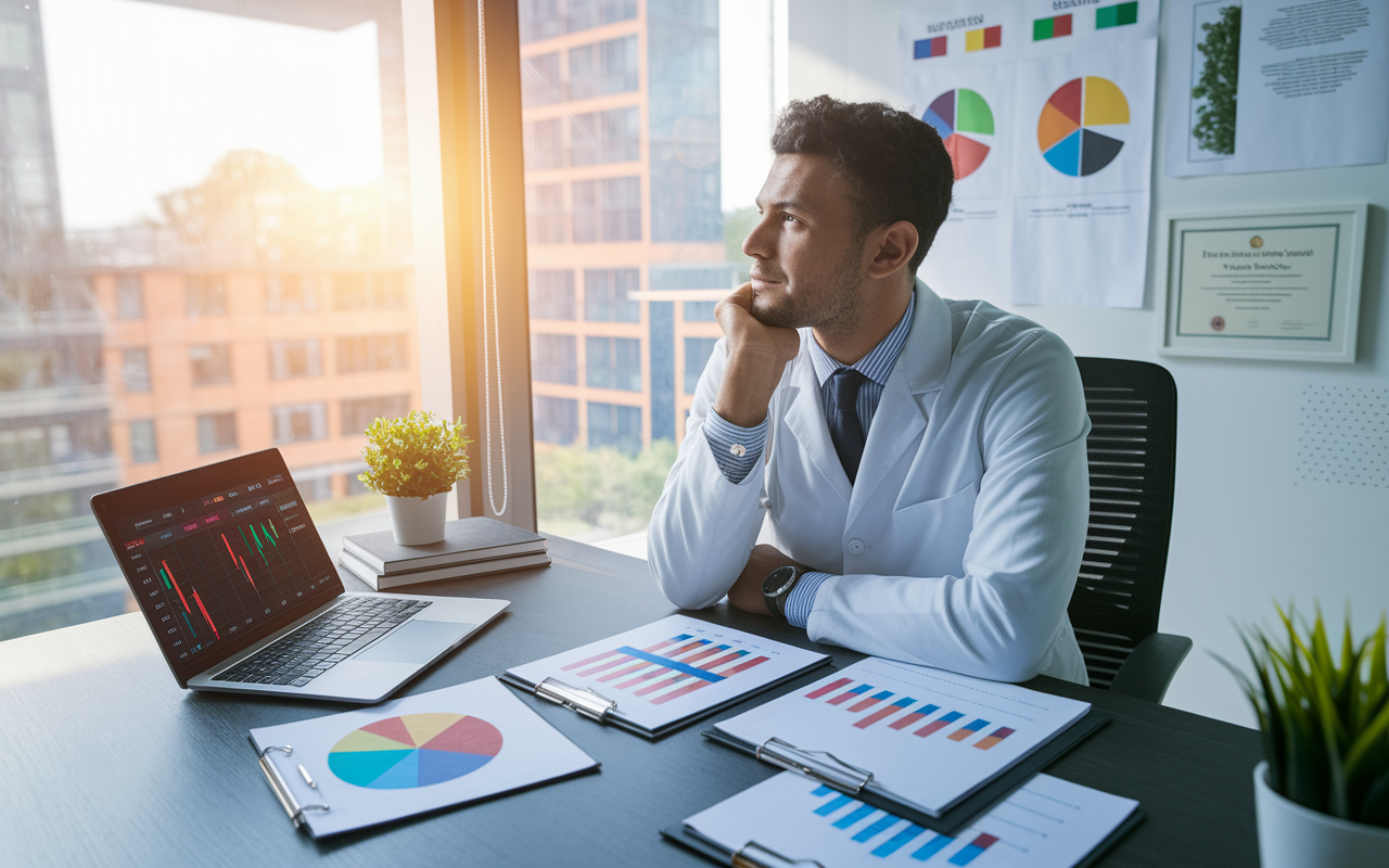 A thoughtful doctor sitting at a stylish office desk, surrounded by financial charts, investment books, and a laptop displaying market data. The doctor gazes at colorful pie charts and graphs, indicating diversified investment strategies. Bright sunlight streams through a large window, creating a dynamic ambiance filled with optimism and focus. Elements like a small potted plant and a framed certificate add a personal touch to the professional environment.