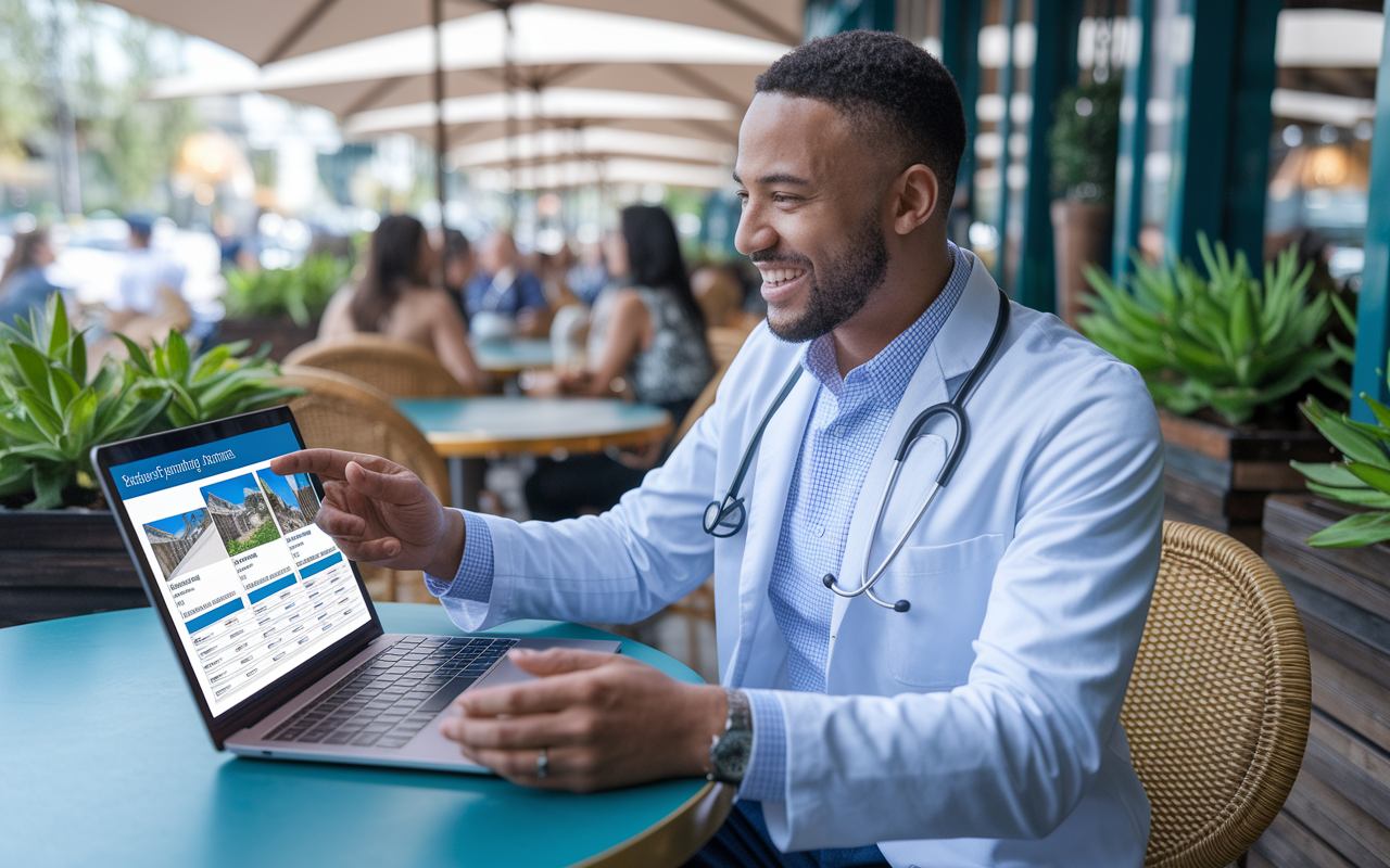 An enthusiastic doctor sitting at a cafe table, engrossed in comparing rental property listings on a laptop. The outdoor setting is vibrant, with plants and patrons in the background, contributing to a lively atmosphere. The laptop screen shows detailed property information, maps, and potential investment returns. The doctor, looking inspired and confident, is dressed in smart-casual attire, symbolizing the fusion of profession and personal growth in real estate investing.