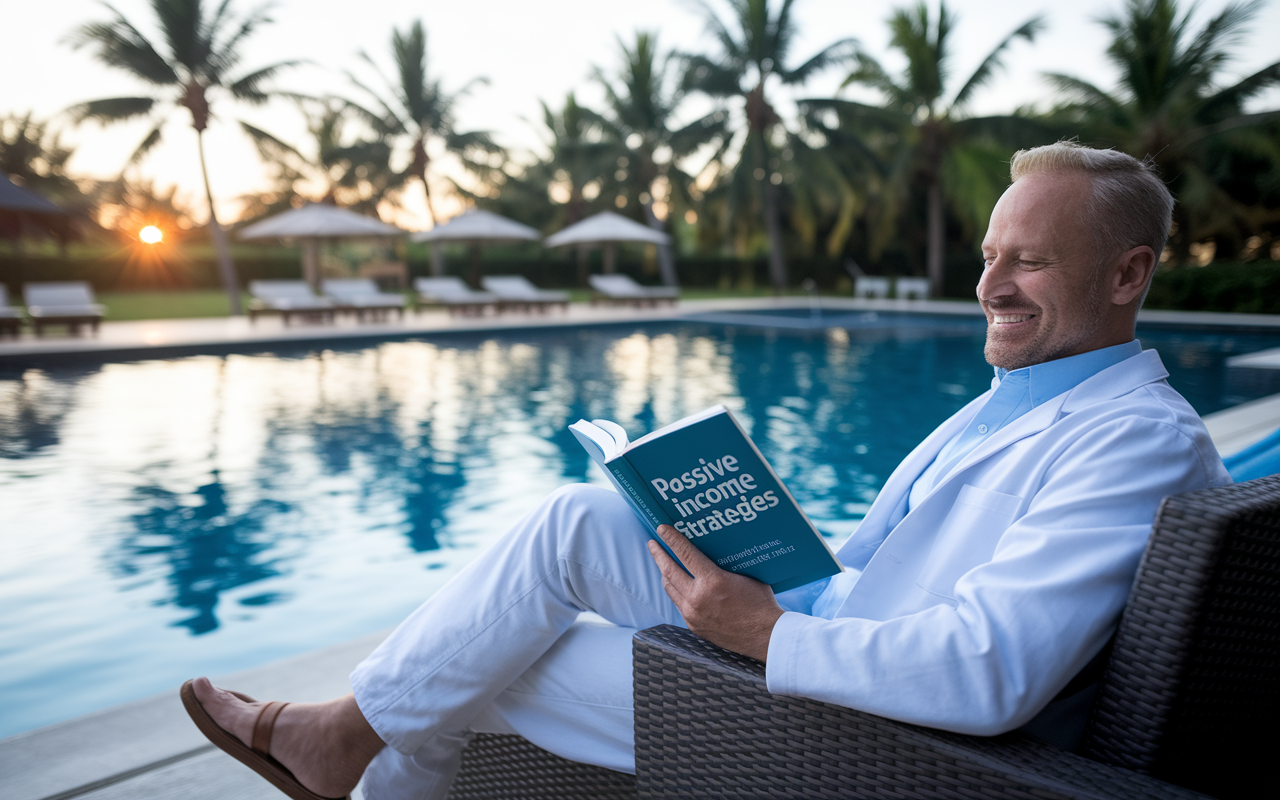 A relaxed doctor enjoying leisure time by a luxurious pool, engrossed in a book titled 'Passive Income Strategies.' The setting is idyllic, with palm trees swaying gently and the sun setting in the background, creating a serene atmosphere. The scene reflects tranquility and the fruits of smart investing, symbolizing the success of building wealth through passive income streams. The doctor's casual attire showcases a blend of comfort and sophistication.