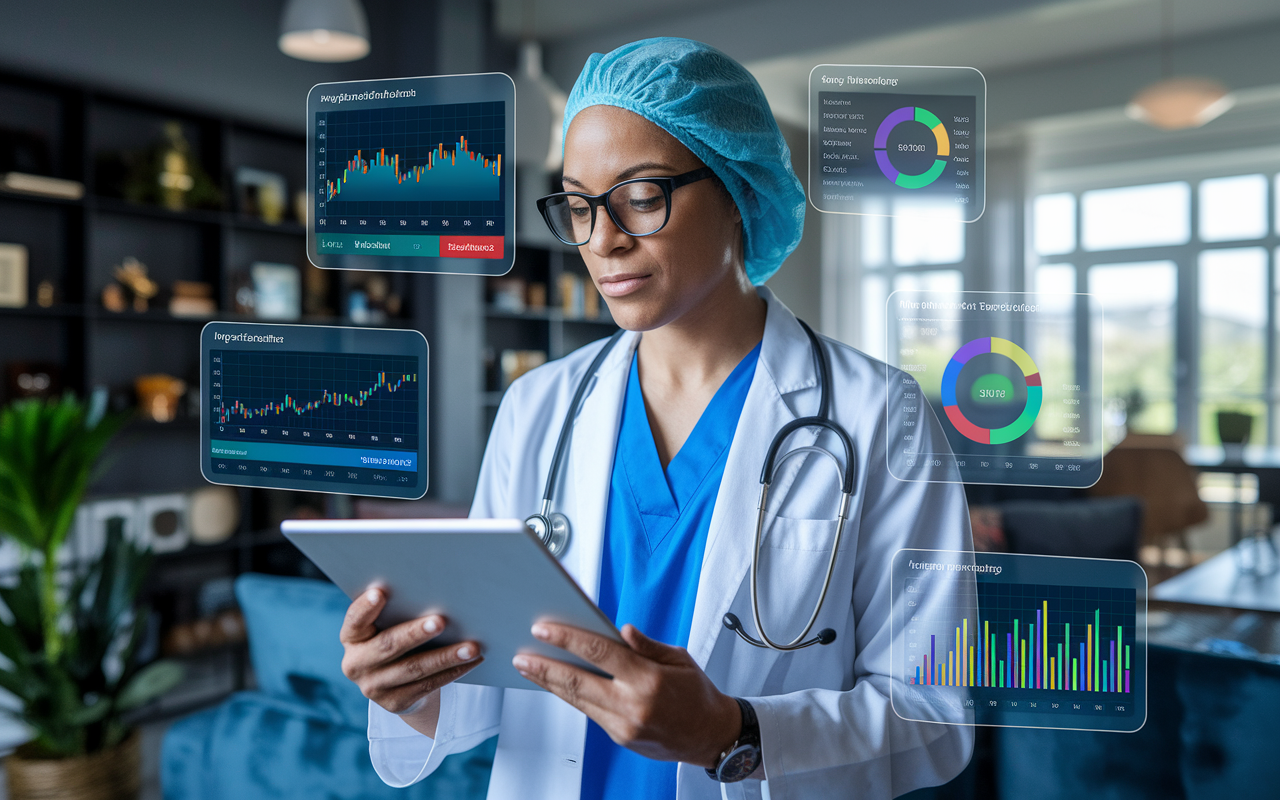 A modern doctor, equipped with a tablet, exploring various investment applications. The setting is a stylish home office filled with natural light and contemporary decor. The doctor’s expression is one of curiosity and determination as they access different platforms, analyzing portfolios and market data. The screen displays colorful graphs and charts, showcasing the ease of managing investments through technology. The atmosphere is inspiring, reflecting innovation in personal finance.