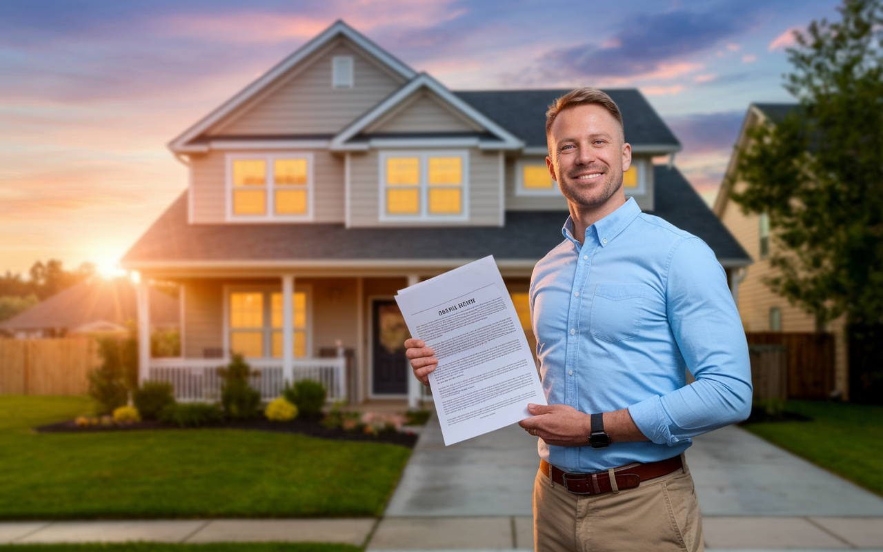 An orthopedic surgeon, dressed in casual yet professional attire, stands proudly in front of a recently purchased single-family home in a picturesque suburban neighborhood. The sun sets in the background, casting a golden hue over the well-maintained property and its lush garden. The doctor holds a rental agreement, with a look of satisfaction on his face, visualizing his growing portfolio. Warm evening lighting, emphasizing the joy and pride of investment success.