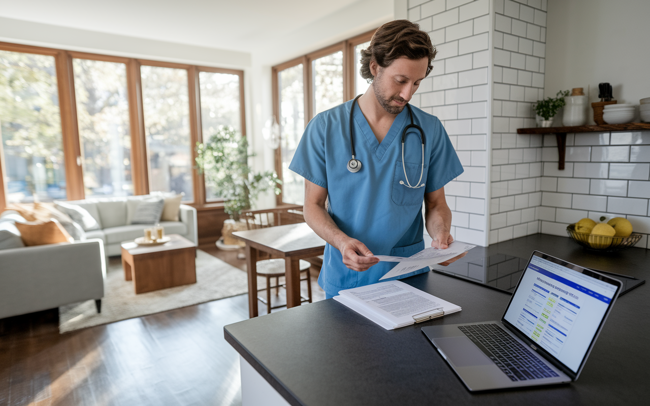 A family medicine resident in casual attire standing in the kitchen of a cozy duplex, one side of which is furnished and occupied by a young couple, while the other side remains open and homey. The resident is holding documents, reviewing rental agreements while a laptop is open on the kitchen counter showcasing rental site listings. Natural light spills in through the large windows, creating a warm atmosphere of comfort and financial ease.