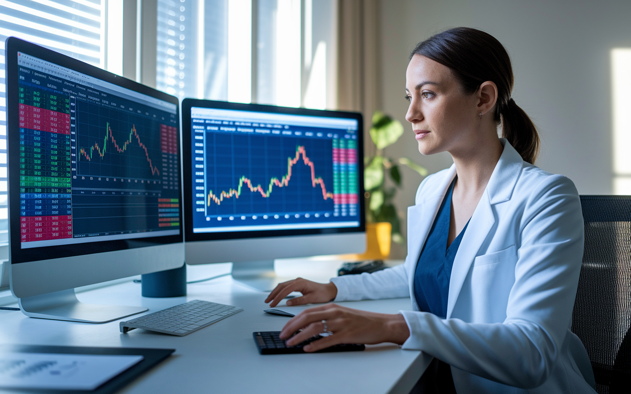 An anesthesiologist dressed in smart business attire, seated at a modern home office desk with dual monitors displaying stock market data and a real estate portfolio website.  Natural morning light filters in through the window, highlighting detailed charts and graphs. The doctor's focused expression reveals thoughtfulness and strategic planning in her real estate investments.