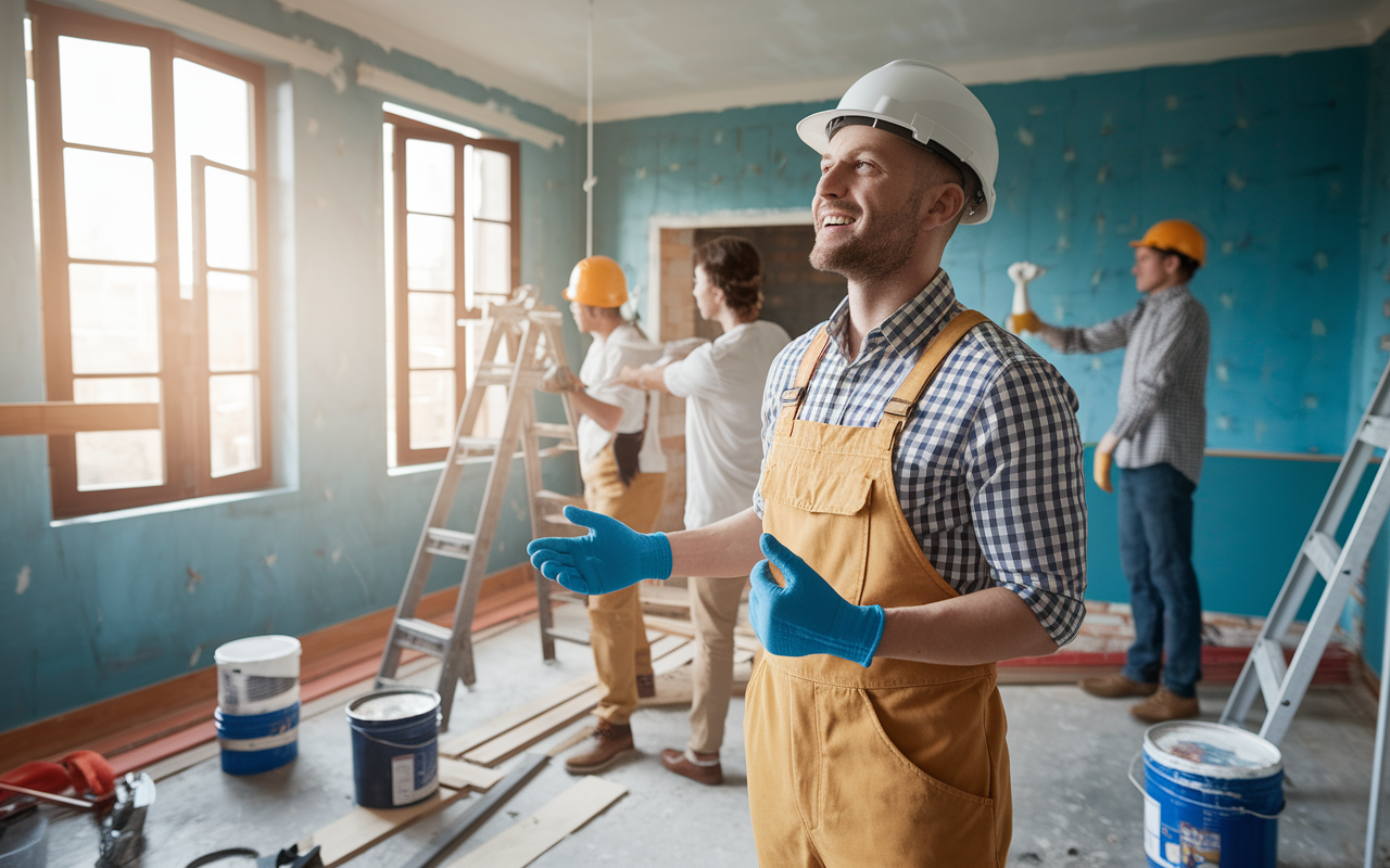 A cardiologist wearing work gloves and a hard hat, passionately overseeing renovations in an aging yet charming house. The room is filled with tools, paint buckets, and construction materials, illuminated by natural light streaming through the half-open windows. The doctor looks determined and enthusiastic, envisioning the transformed space while interacting with the contracting team in the background.