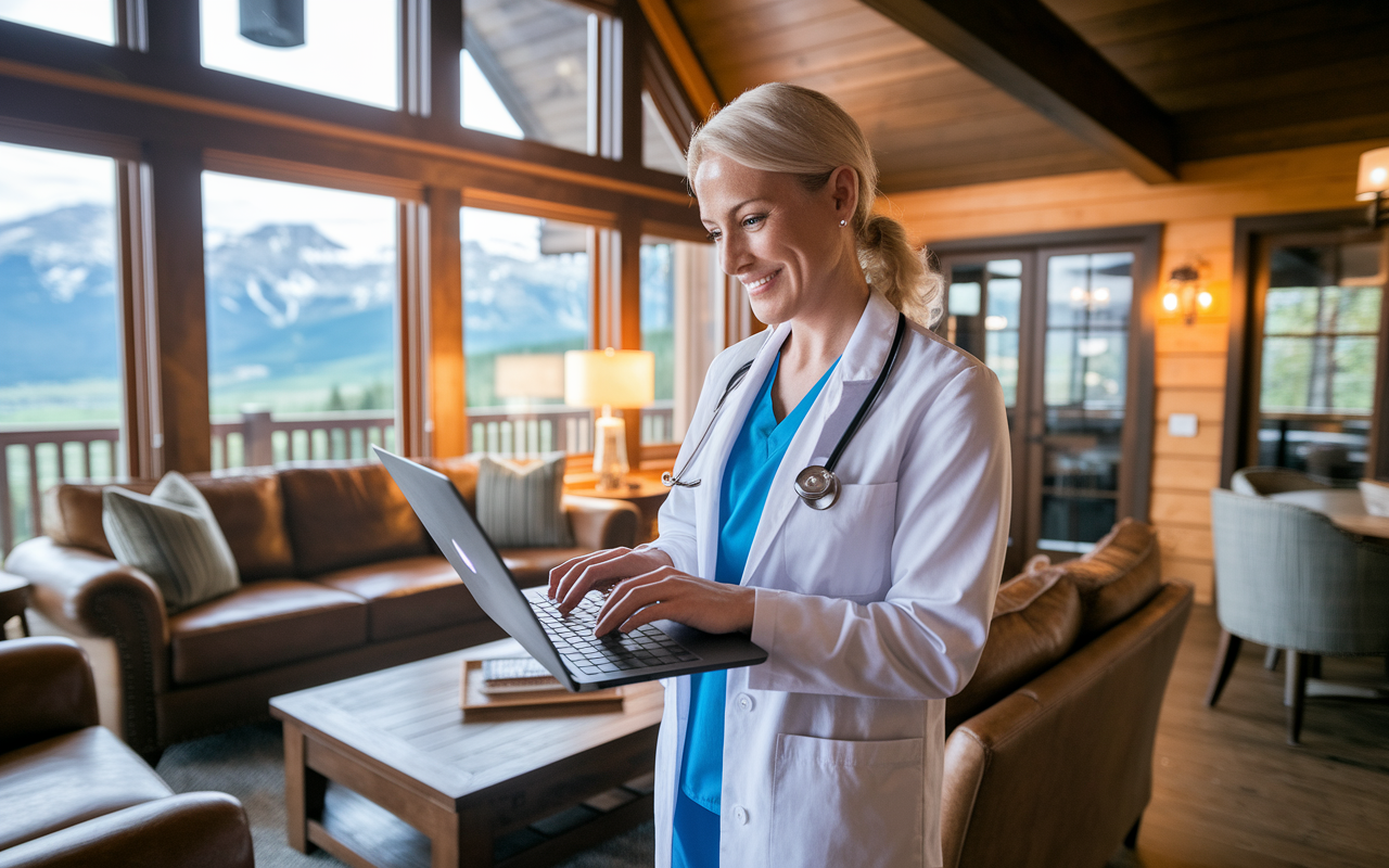 A hospitalist standing in a stylish living room of a well-decorated vacation rental cabin, showcasing the welcoming interior and beautiful mountain views through large windows. The physician is on a laptop, managing the listing and checking guest reviews, with a look of satisfaction and accomplishment. Warm lighting enhances the inviting ambiance, suggesting a successful venture in short-term rentals.