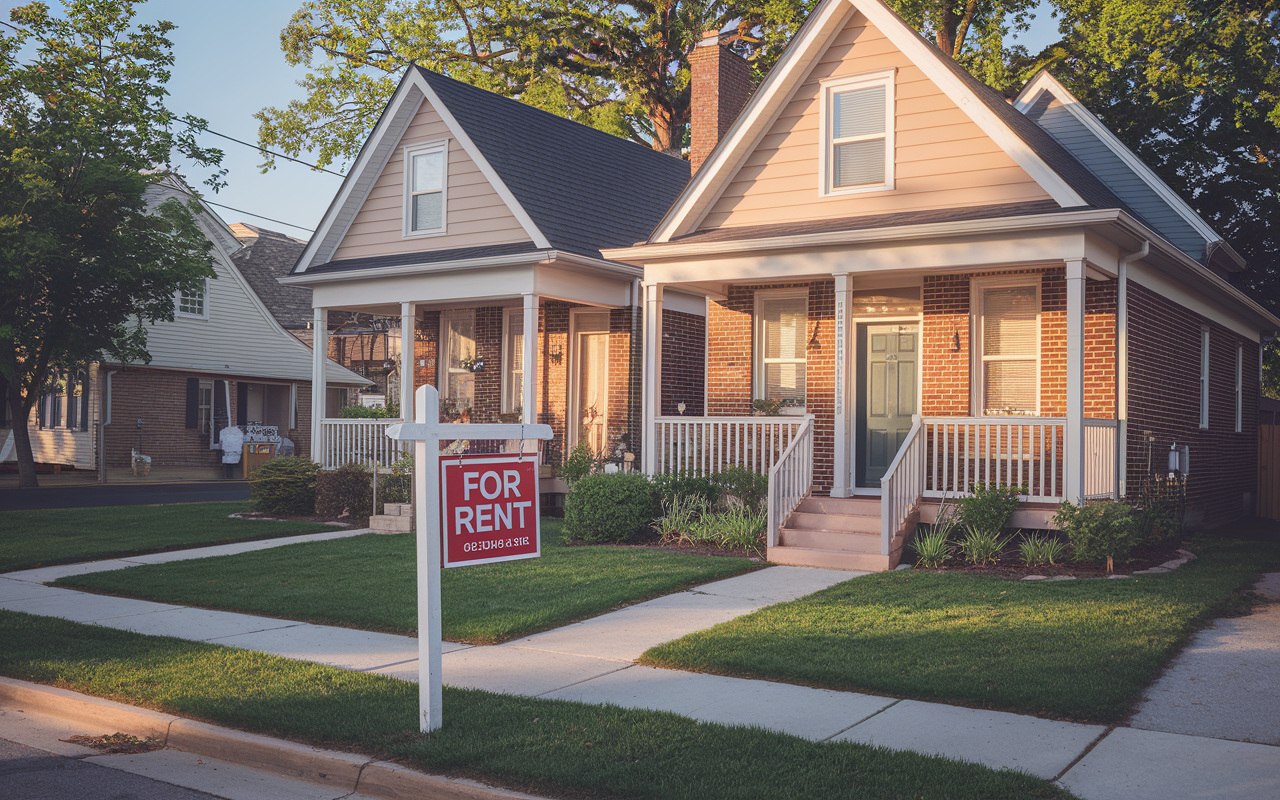 A cozy duplex rental property set in a suburban area, showcasing two attached homes, each with a small garden and a welcoming porch. The sun casts a warm light on the property, highlighting its brick facade and large, inviting windows. A 'For Rent' sign is placed in the yard, suggesting opportunity and inviting potential tenants to explore. The background features green trees and a quiet street, enhancing the charm of the area.