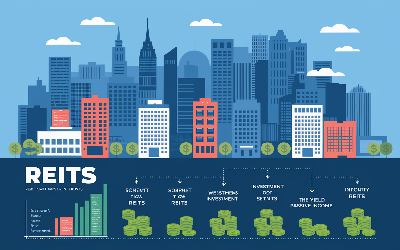 An infographic-style illustration depicting the concept of Real Estate Investment Trusts (REITs). Visual elements include buildings, money investments, and flow charts showing how investment in REITs can yield passive income. Colors are vibrant to symbolize opportunity, with a backdrop of a bustling city skyline representing growth and investment.